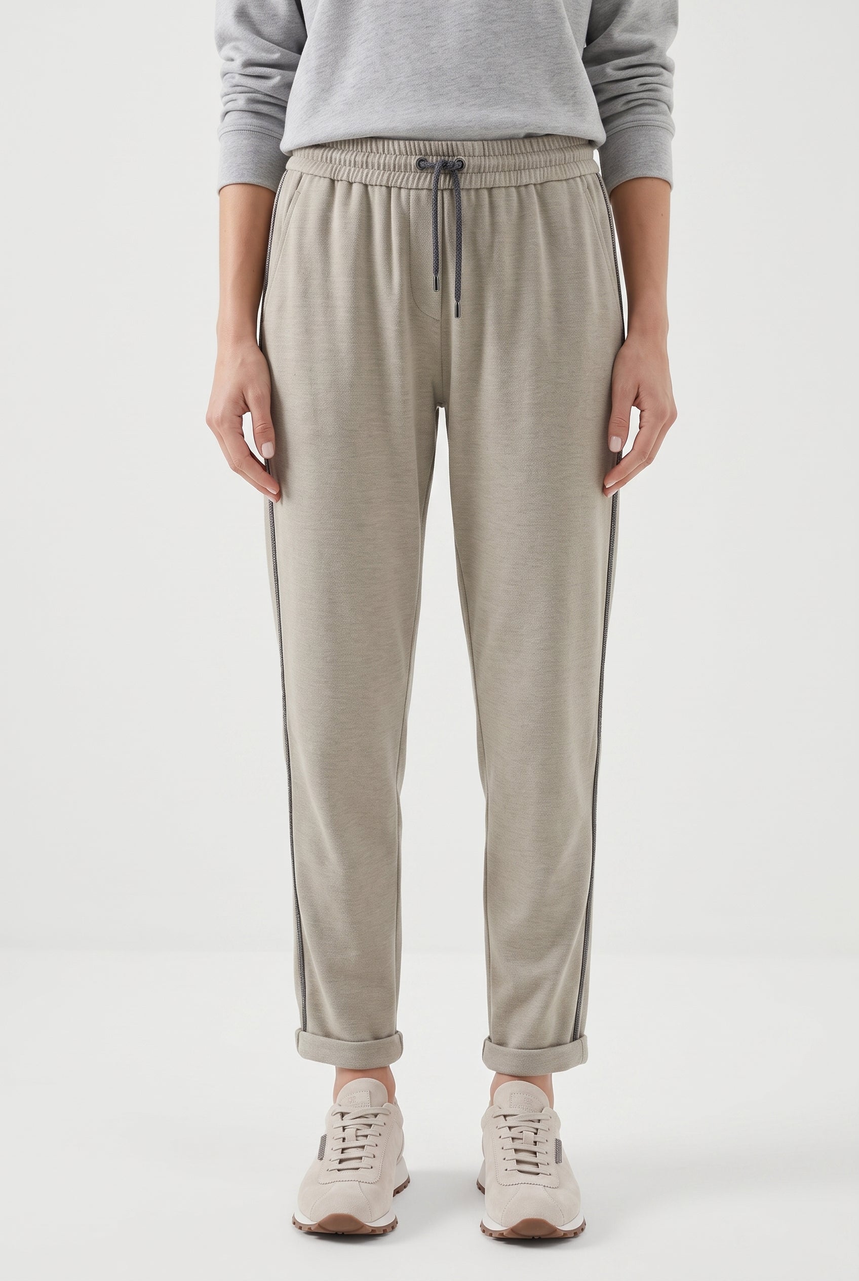 BRUNELLO CUCINELLI WOMEN'S LIGHT BEIGE COTTON BLEND TROUSERS