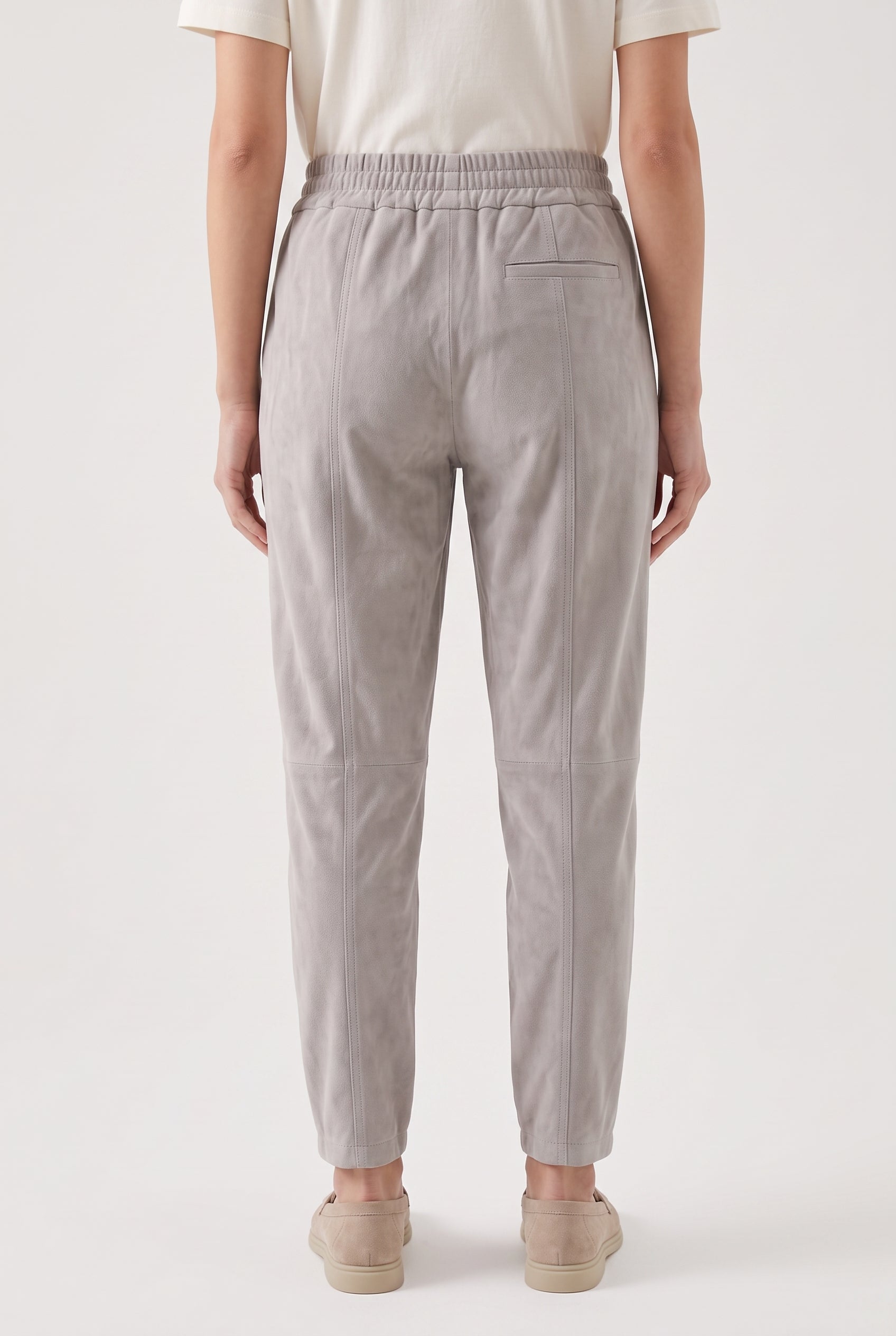 BRUNELLO CUCINELLI WOMEN'S LIGHT GREY SUEDE TROUSERS