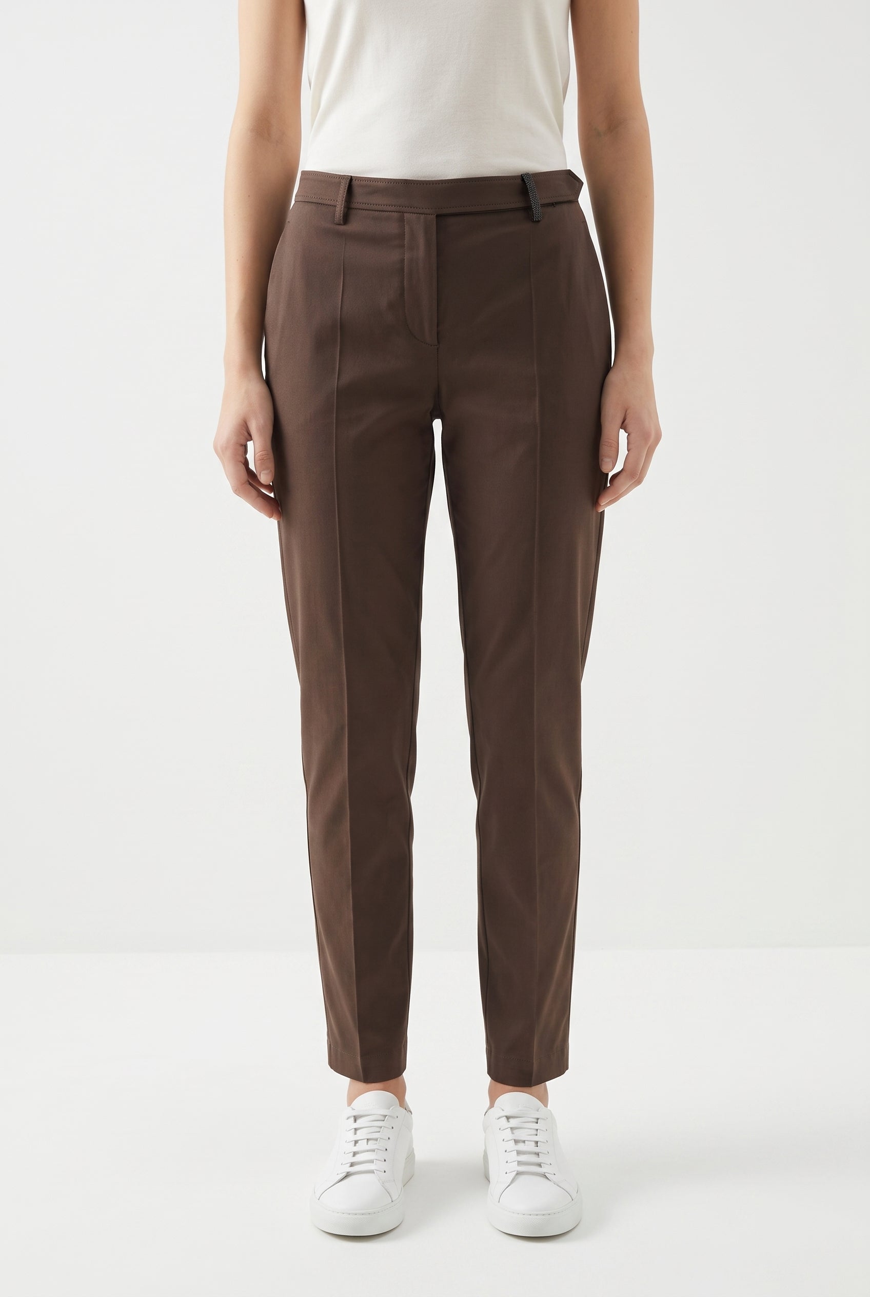 BRUNELLO CUCINELLI WOMEN'S BROWN TAILORED COTTON TROUSERS
