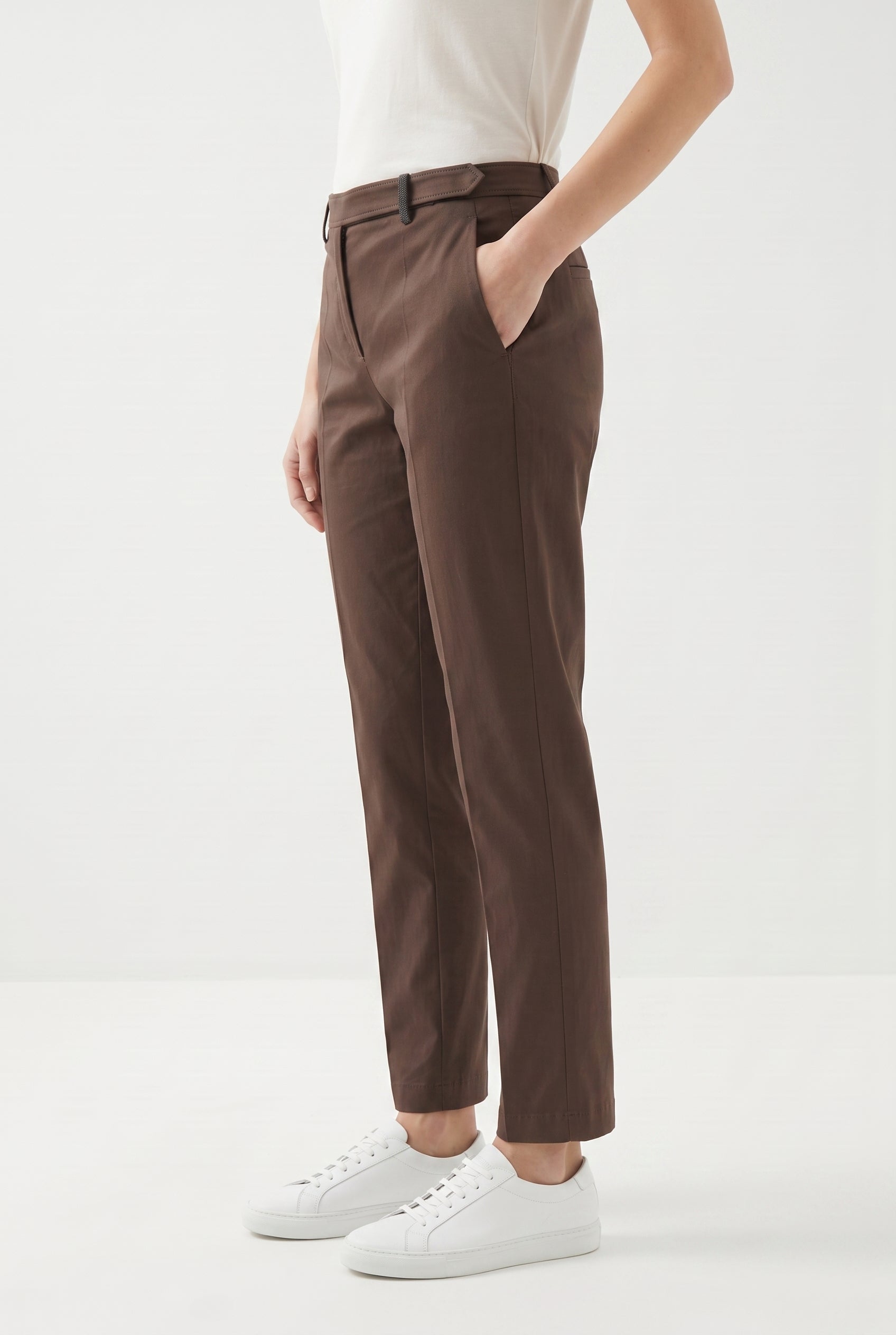 BRUNELLO CUCINELLI WOMEN'S BROWN TAILORED COTTON TROUSERS