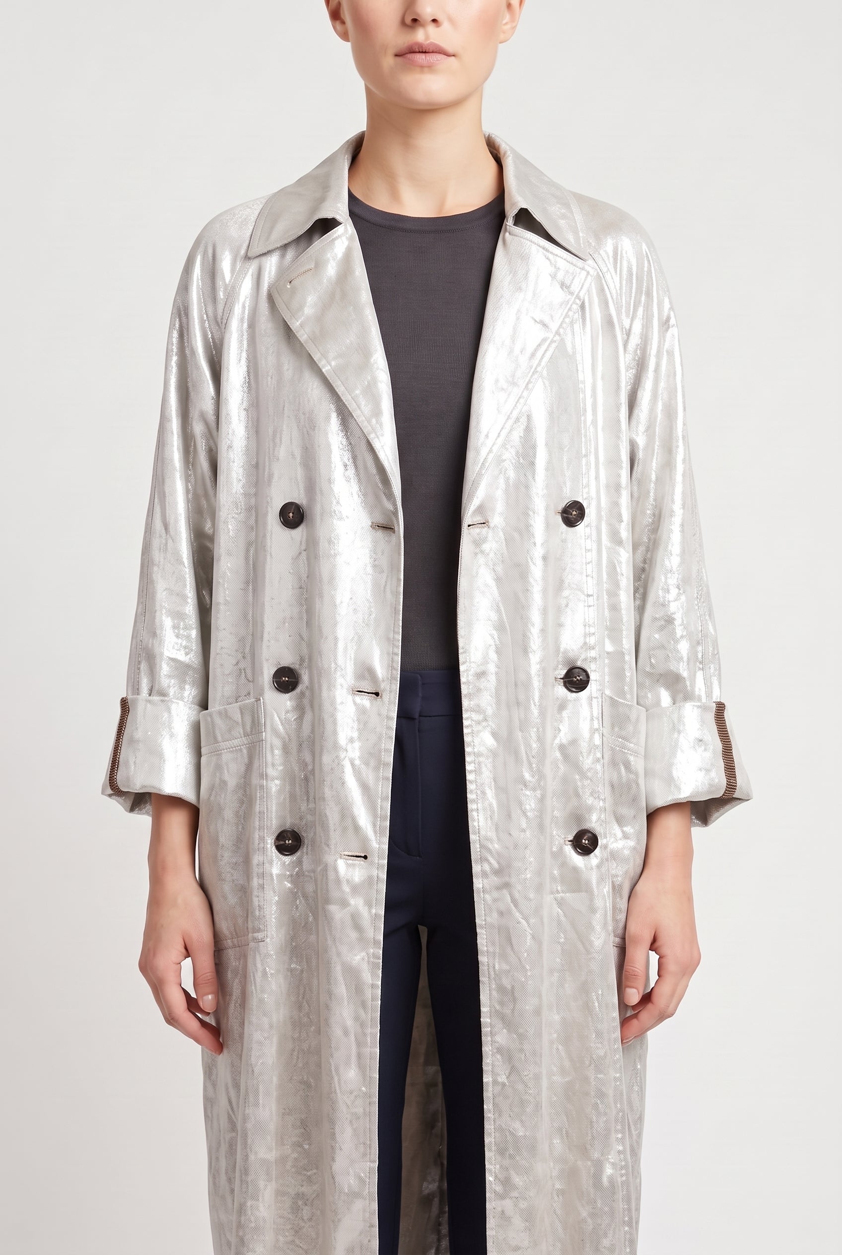 BRUNELLO CUCINELLI WOMEN'S LIGHT SILVER LONG COAT