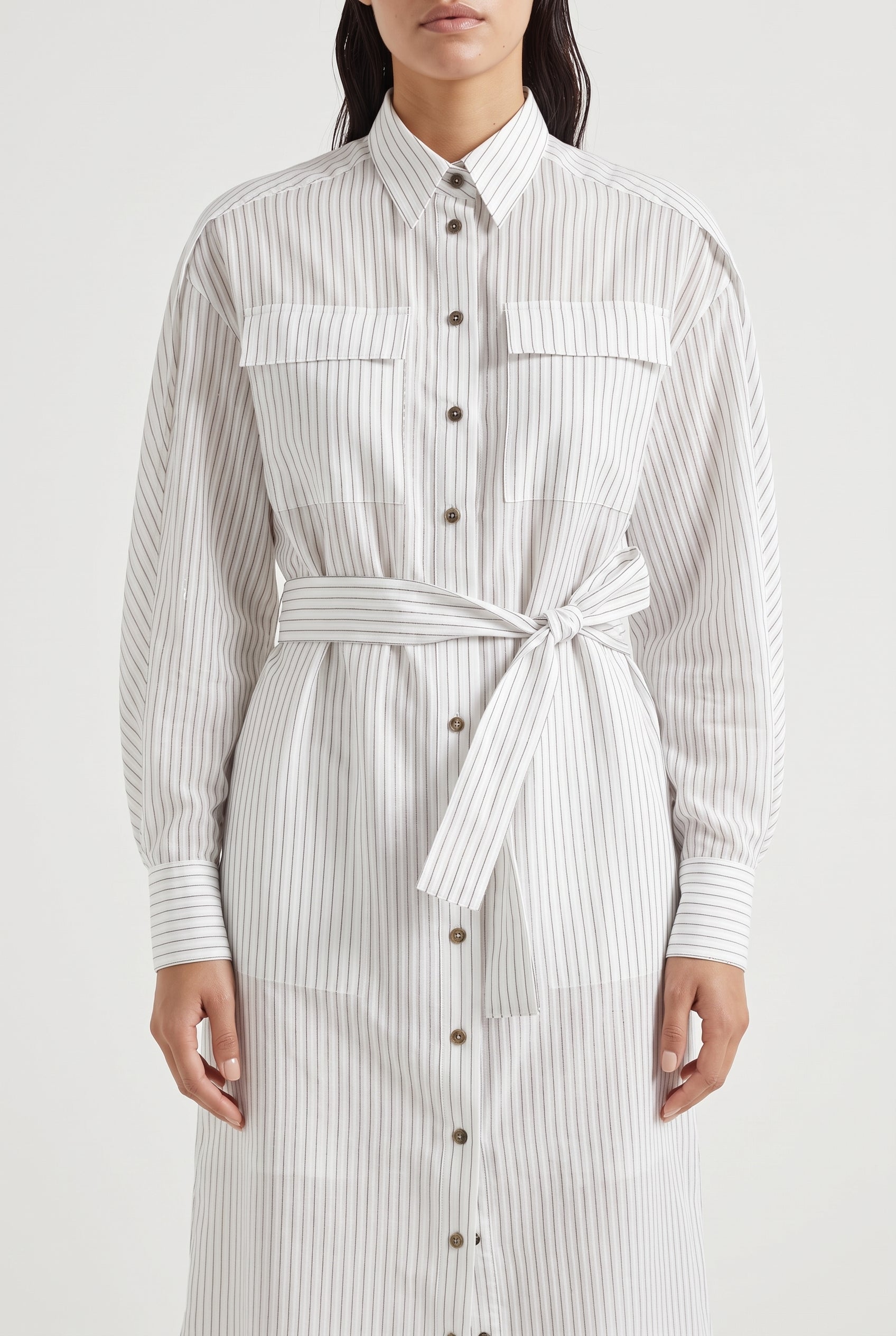 BRUNELLO CUCINELLI WOMEN'S WHITE STRIPED BELTED DRESS