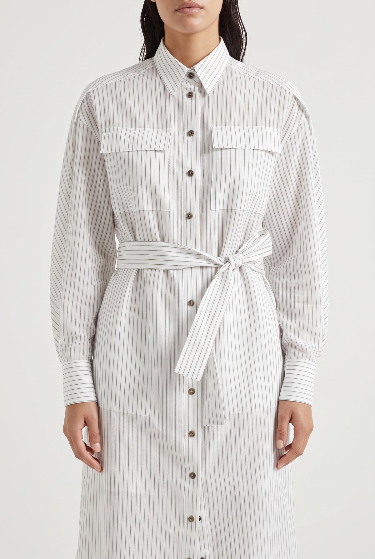 BRUNELLO CUCINELLI WOMEN'S WHITE STRIPED BELTED DRESS