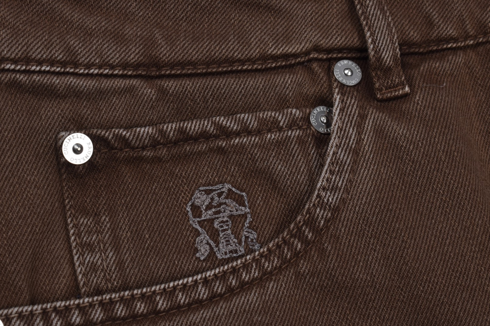 BRUNELLO CUCINELLI MEN'S5 POCKET BROWN LEISURE FIT DENIM TROUSERS