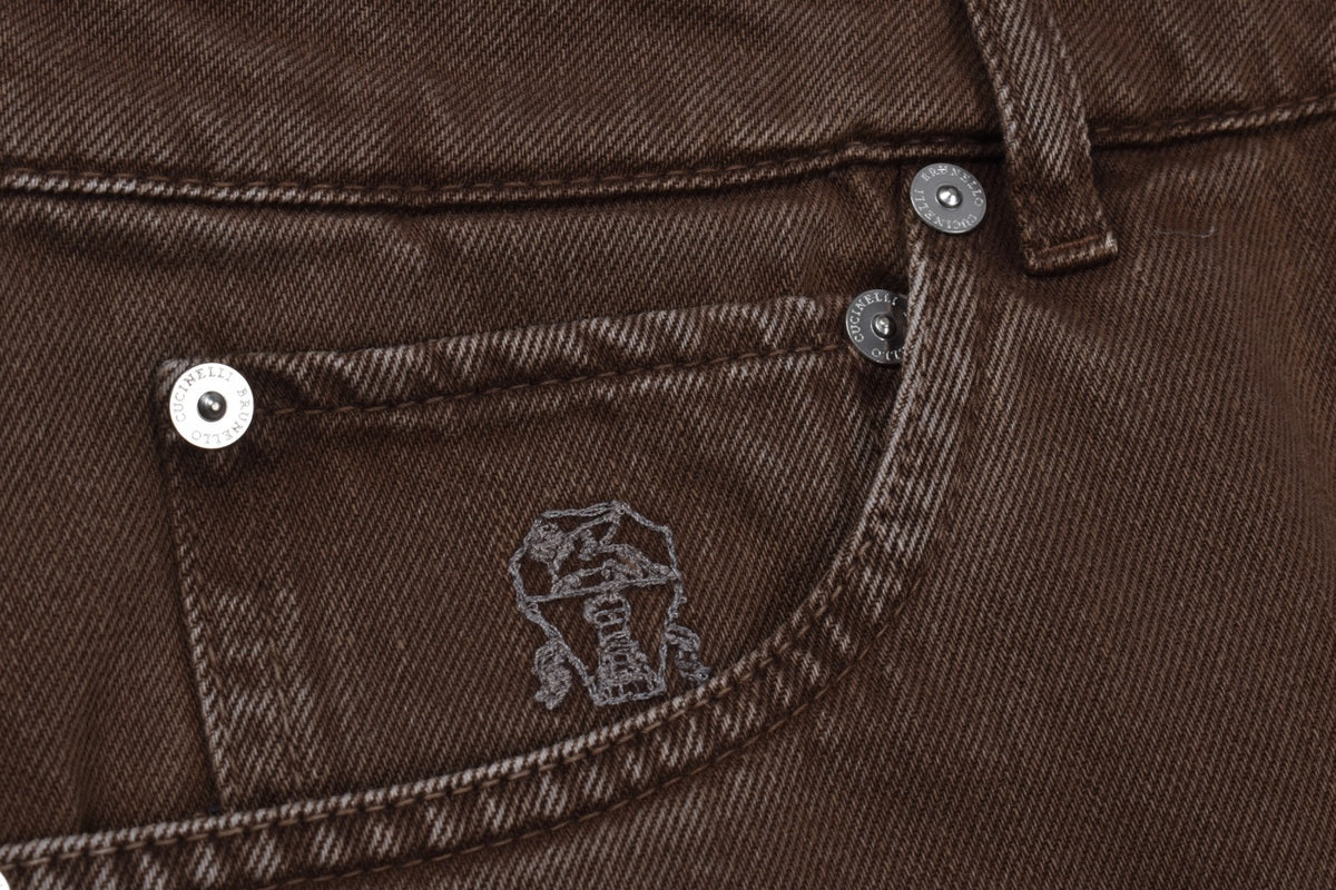 BRUNELLO CUCINELLI MEN'S5 POCKET BROWN LEISURE FIT DENIM TROUSERS