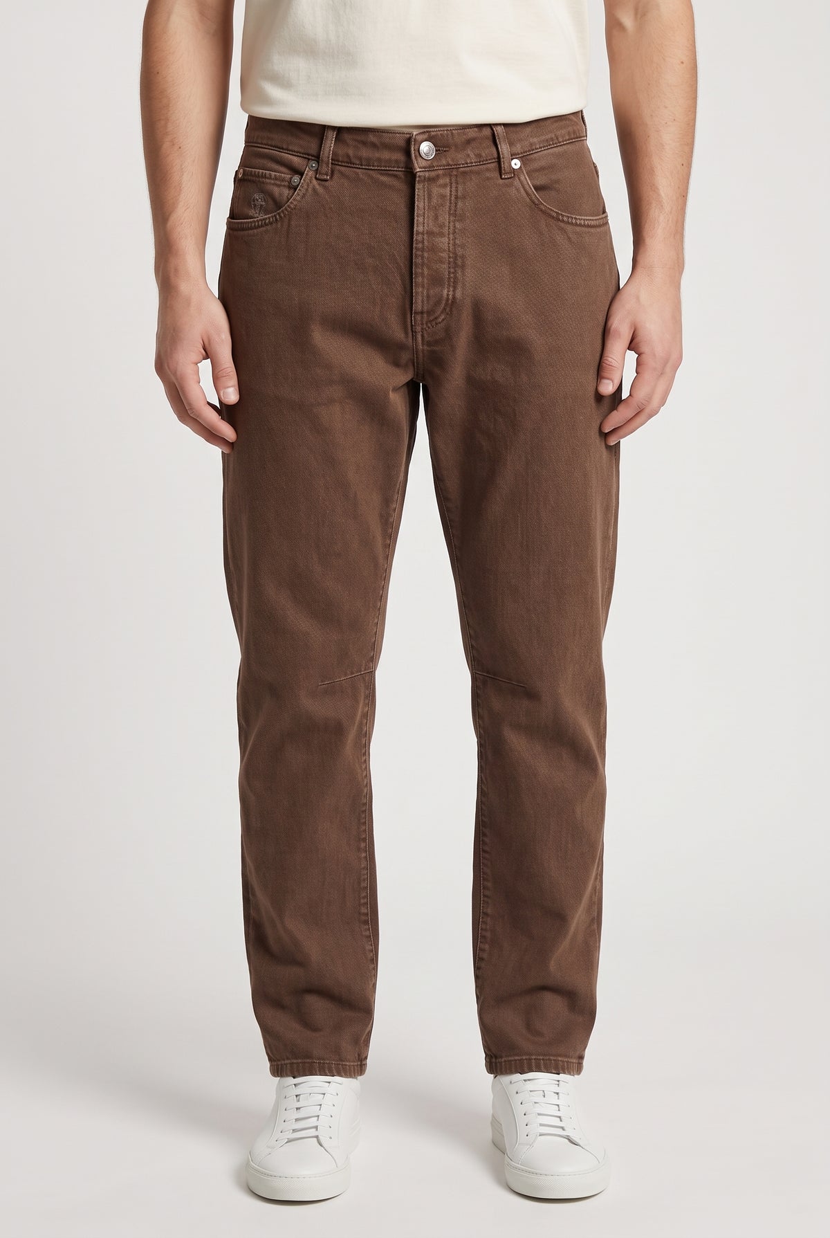 BRUNELLO CUCINELLI MEN'S5 POCKET BROWN LEISURE FIT DENIM TROUSERS