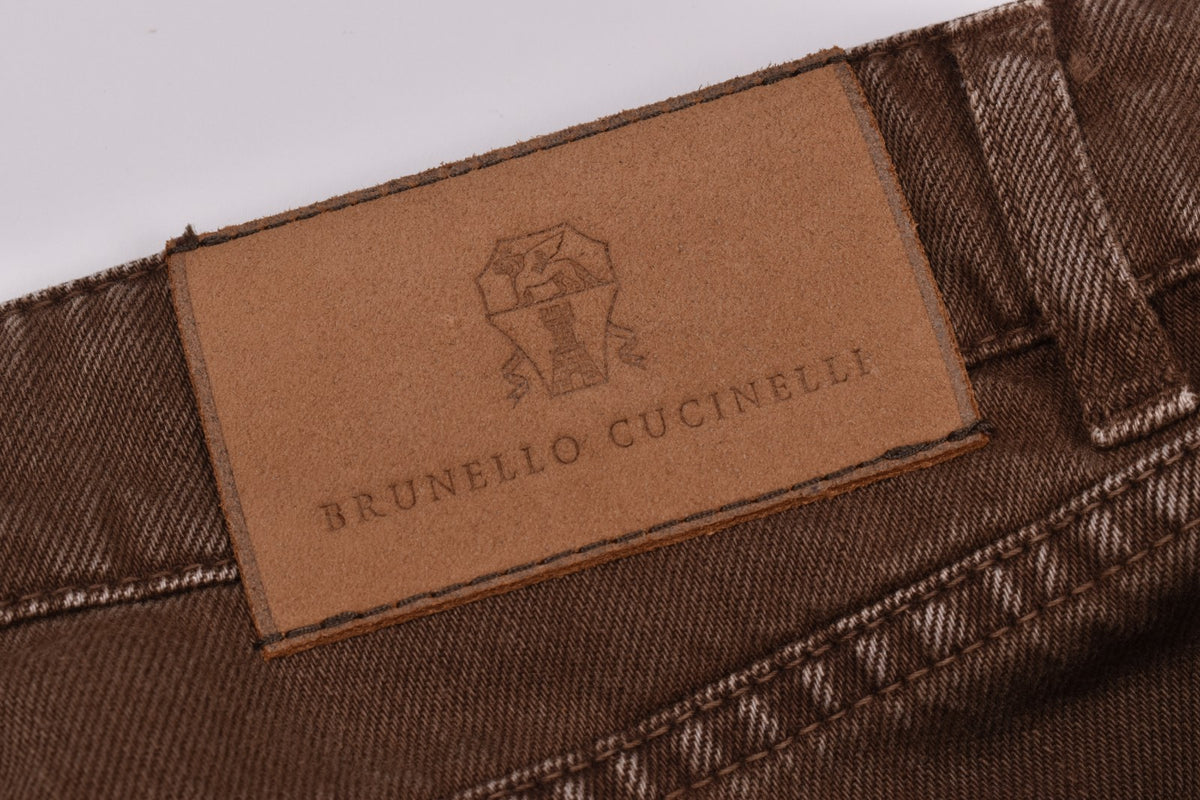 BRUNELLO CUCINELLI MEN'S5 POCKET BROWN LEISURE FIT DENIM TROUSERS