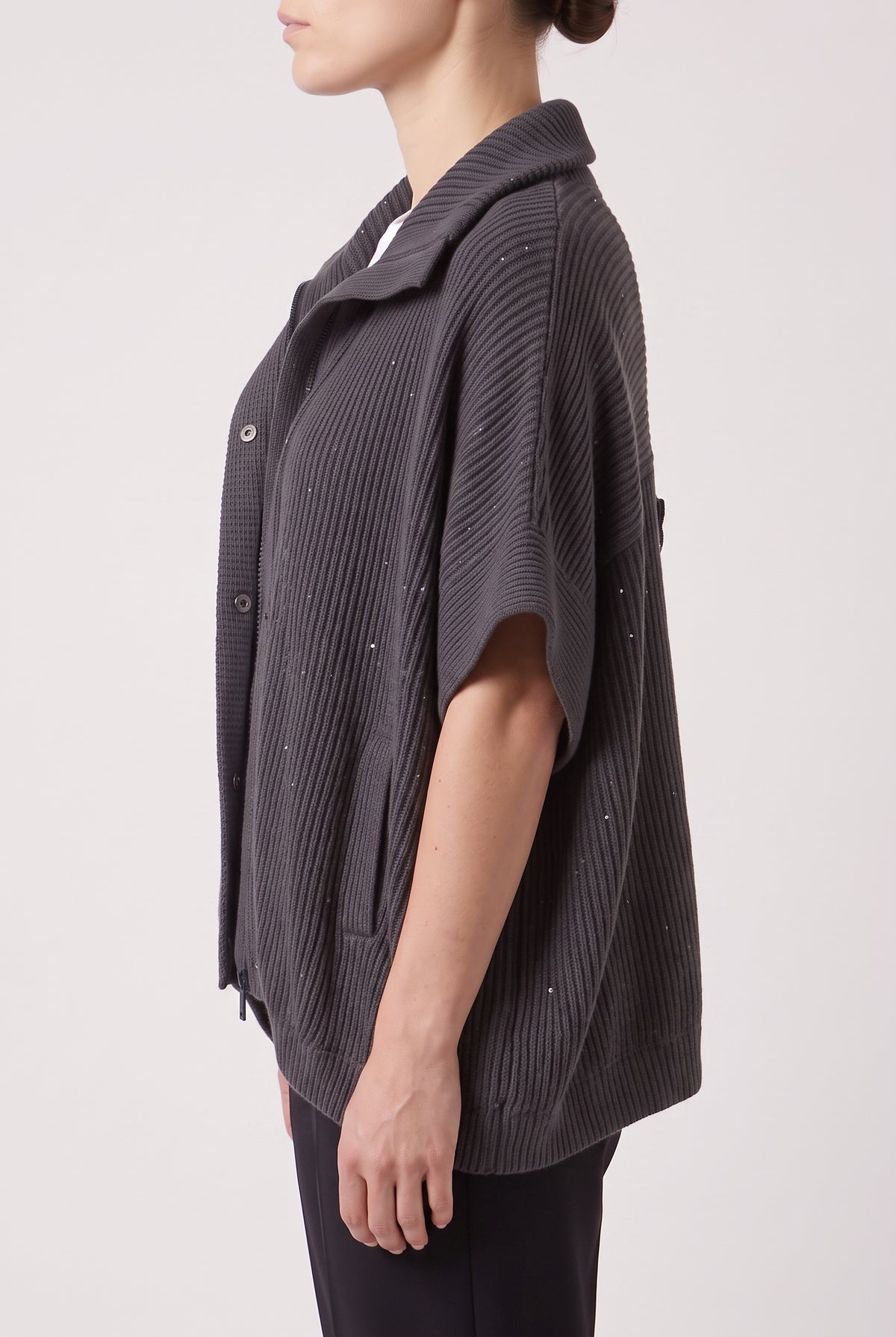 BRUNELLO CUCINELLI WOMEN'S CHARCOAL RIBBED KNIT JACKET