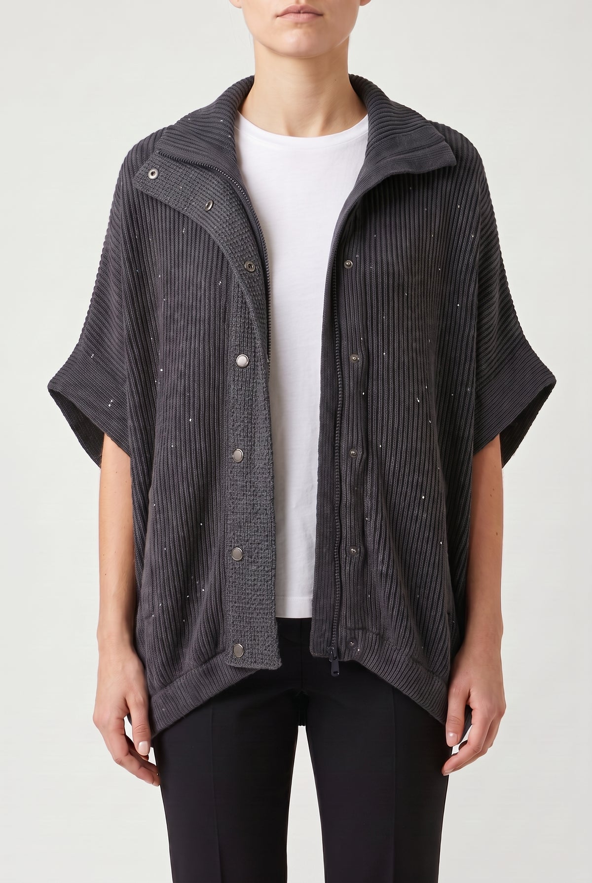 BRUNELLO CUCINELLI WOMEN'S CHARCOAL RIBBED KNIT JACKET