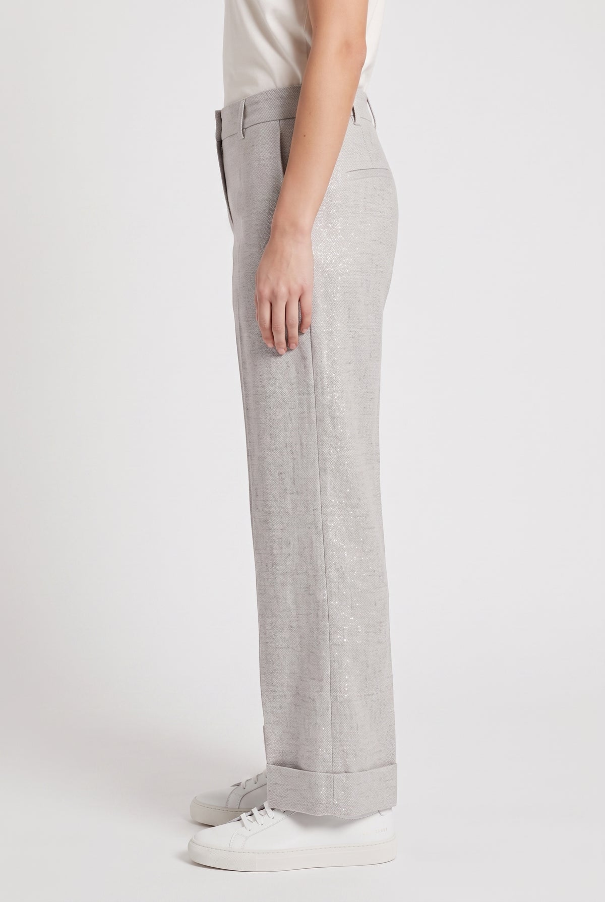 BRUNELLO CUCINELLI WOMEN'S LIGHT GREY LINEN TROUSERS