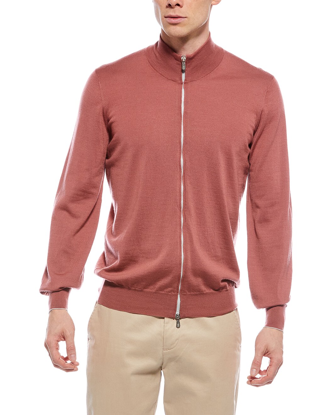 BRUNELLO CUCINELLI MEN'S RASPBERRY WOOL ZIP SWEATER