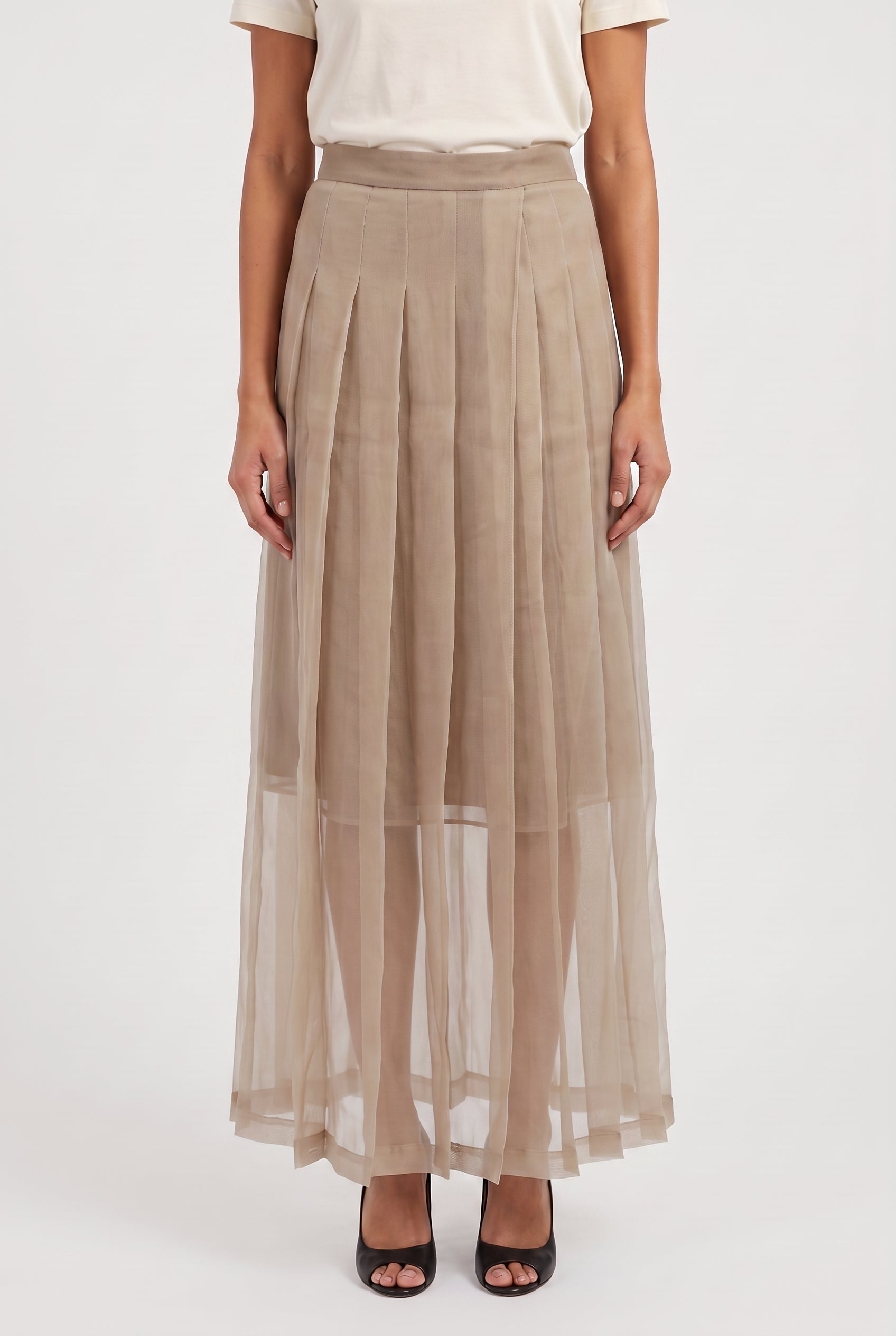 BRUNELLO CUCINELLI WOMEN'S BEIGE SILK PLEATED SKIRT