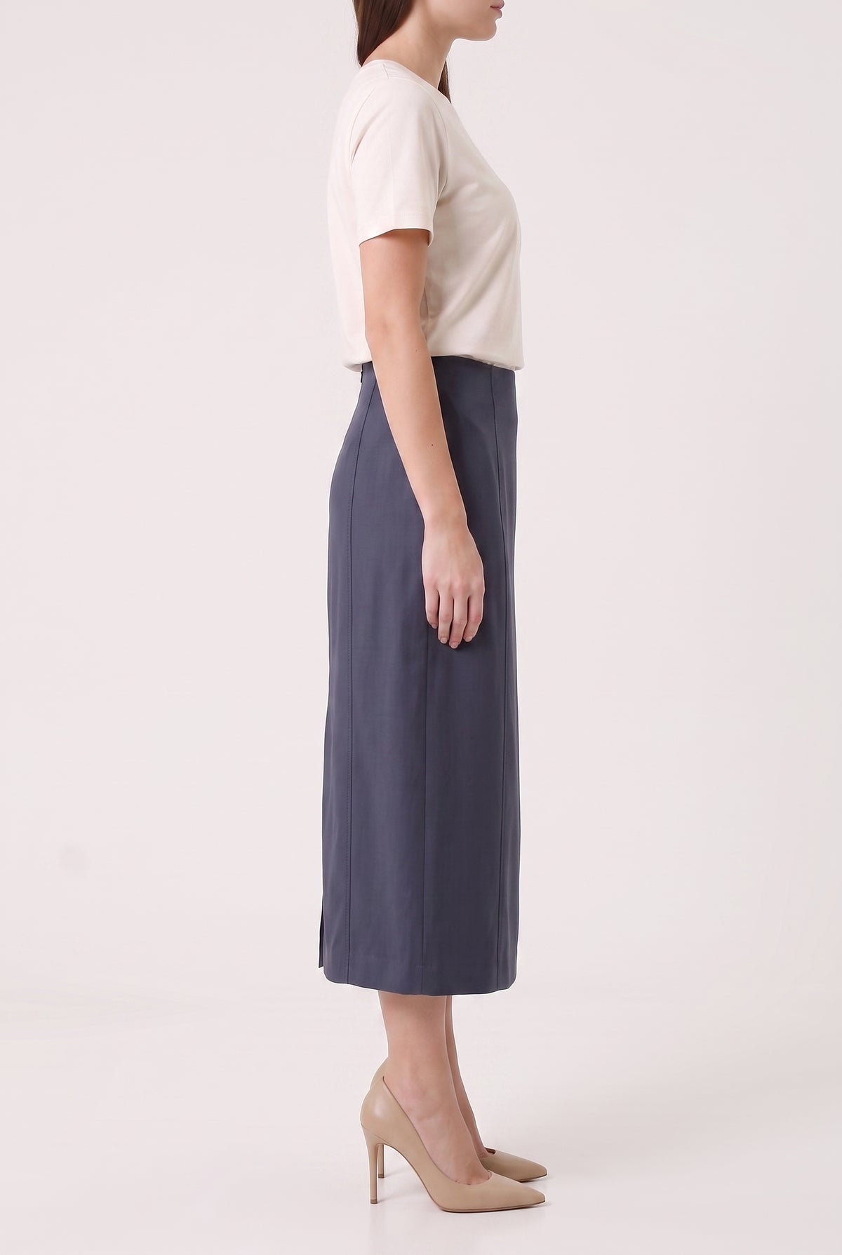 BRUNELLO CUCINELLI WOMEN'S DARK BLUE LINEN BLEND SKIRT