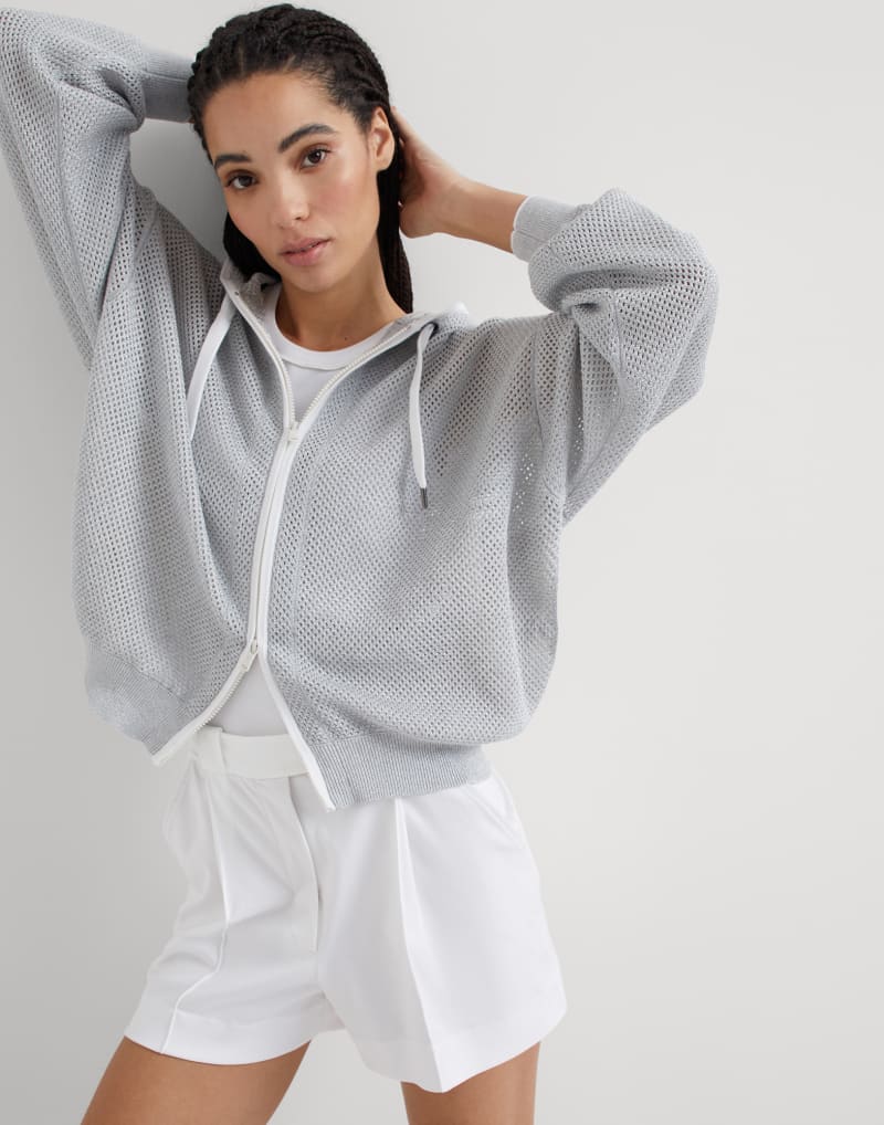 BRUNELLO CUCINELLI WOMEN'S LIGHT GREY MESH ZIP HOODIE