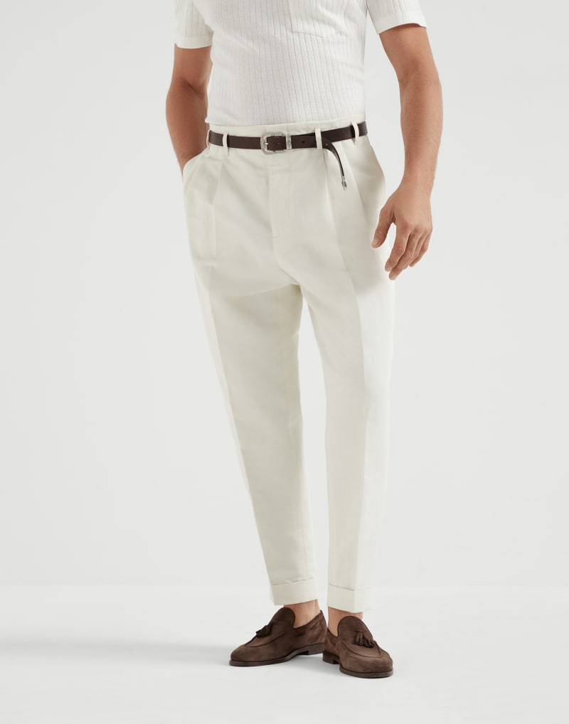 BRUNELLO CUCINELLI MEN'S OFF WHITE LINEN TROUSERS