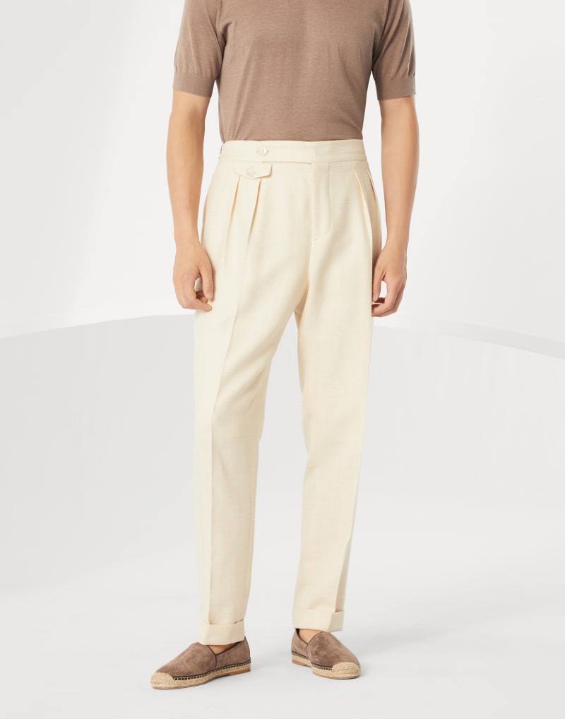 BRUNELLO CUCINELLI MEN'S CREAM WOOL SILK LINEN TROUSERS