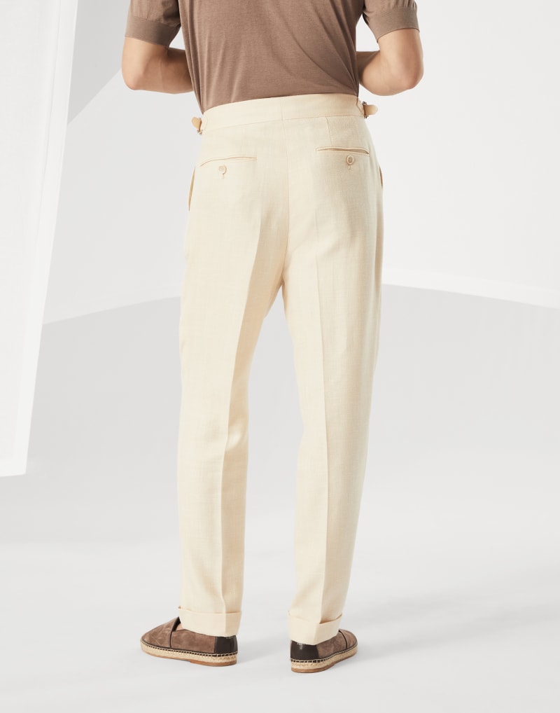 BRUNELLO CUCINELLI MEN'S CREAM WOOL SILK LINEN TROUSERS