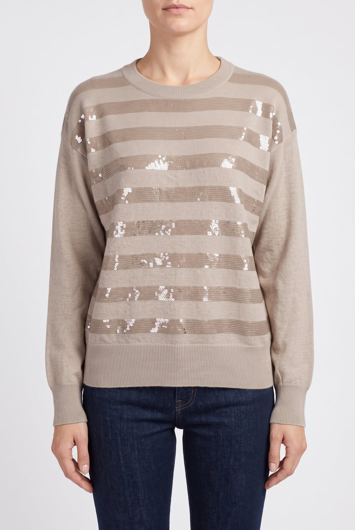 BRUNELLO CUCINELLI WOMEN'S BEIGE CASHMERE STRIPED SWEATER