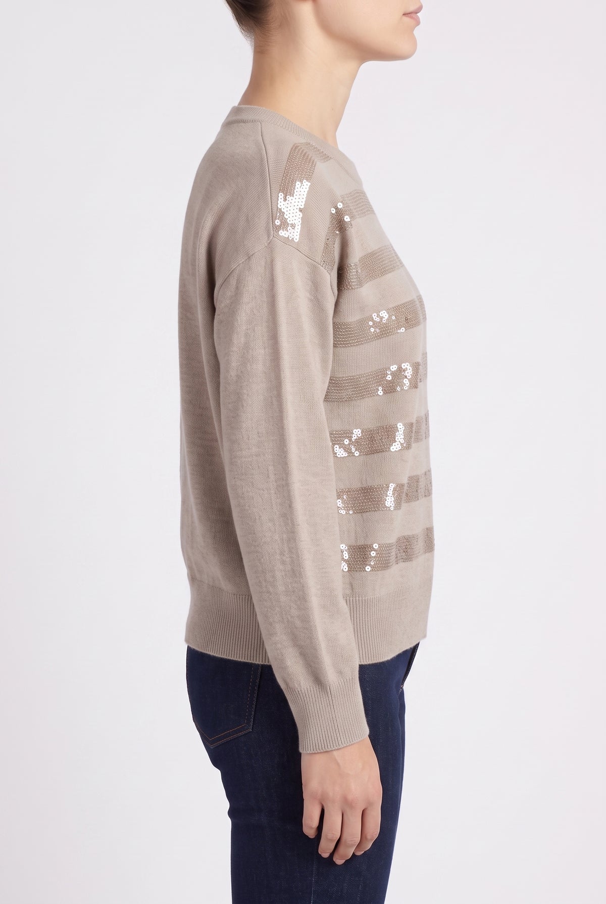 BRUNELLO CUCINELLI WOMEN'S BEIGE CASHMERE STRIPED SWEATER