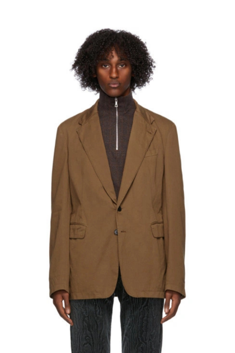 Dries Van Noten Brown Cotton Blazer on model showcasing its stylish design and tailored fit.