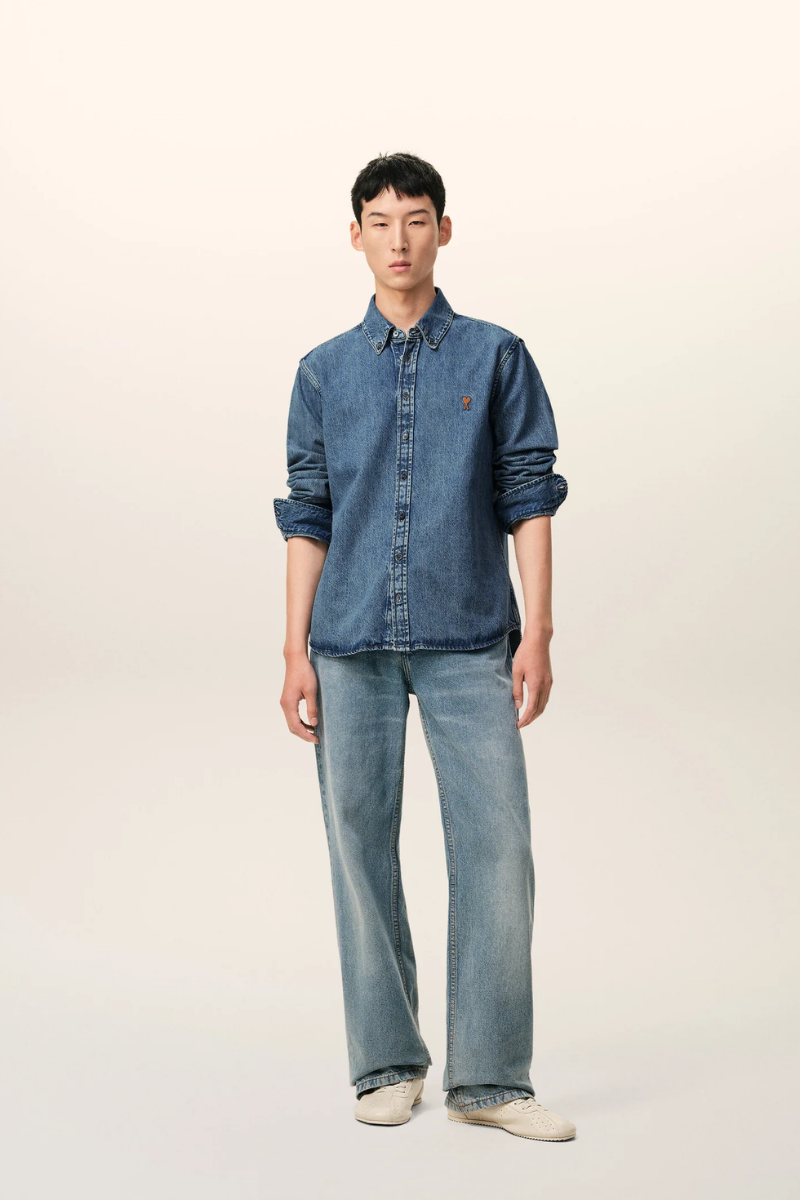 Ami Paris Button Down Shirt In Used Indigo Light Denim Blue