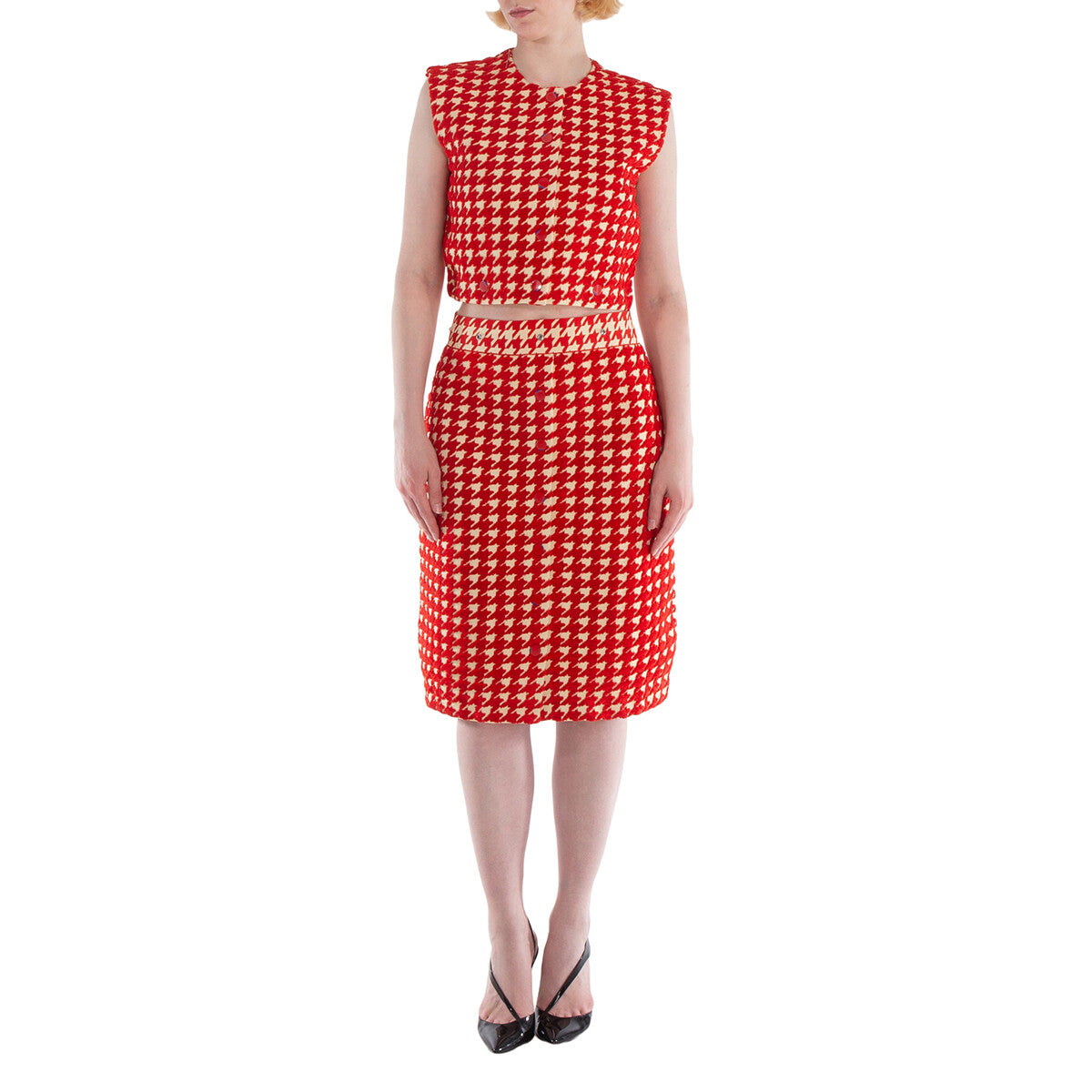 BURBERRY WOMEN'S RED HOUNDSTOOTH SLEEVELESS DRESS