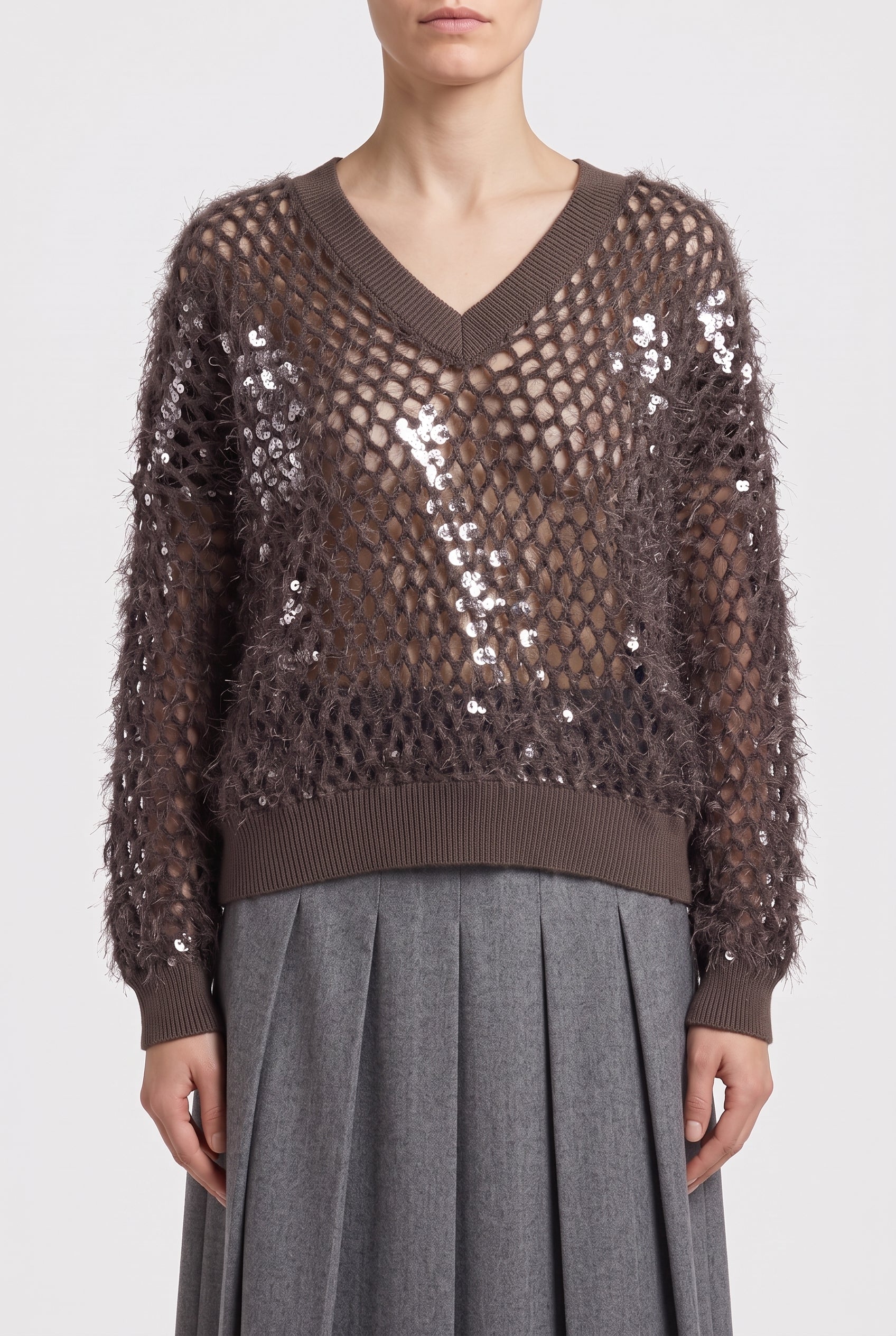 BRUNELLO CUCINELLI WOMEN'S 100% COTTONE BROWN OPEN KNIT V NECK SWEATER NWT