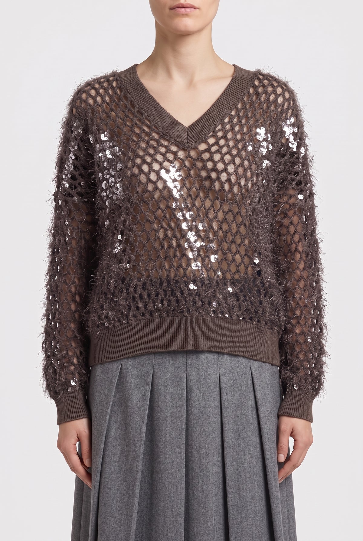 BRUNELLO CUCINELLI WOMEN'S 100% COTTONE BROWN OPEN KNIT V NECK SWEATER NWT