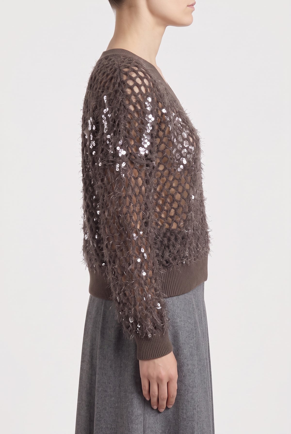 BRUNELLO CUCINELLI WOMEN'S 100% COTTONE BROWN OPEN KNIT V NECK SWEATER NWT