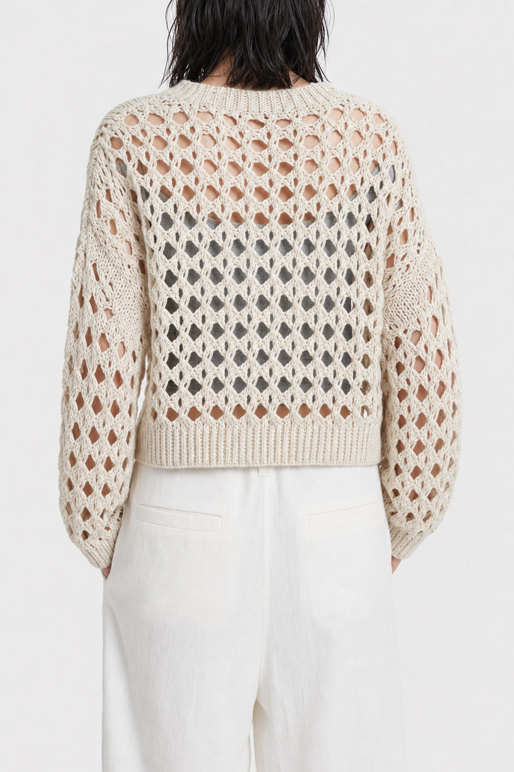 BRUNELLO CUCINELLI WOMEN'S BEIGE OPENWORK KNIT SWEATER