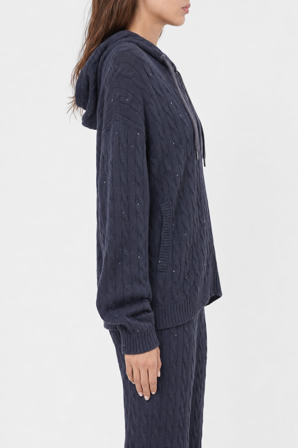 BRUNELLO CUCINELLI WOMEN'S DARK BLUE CABLE KNIT SWEATER