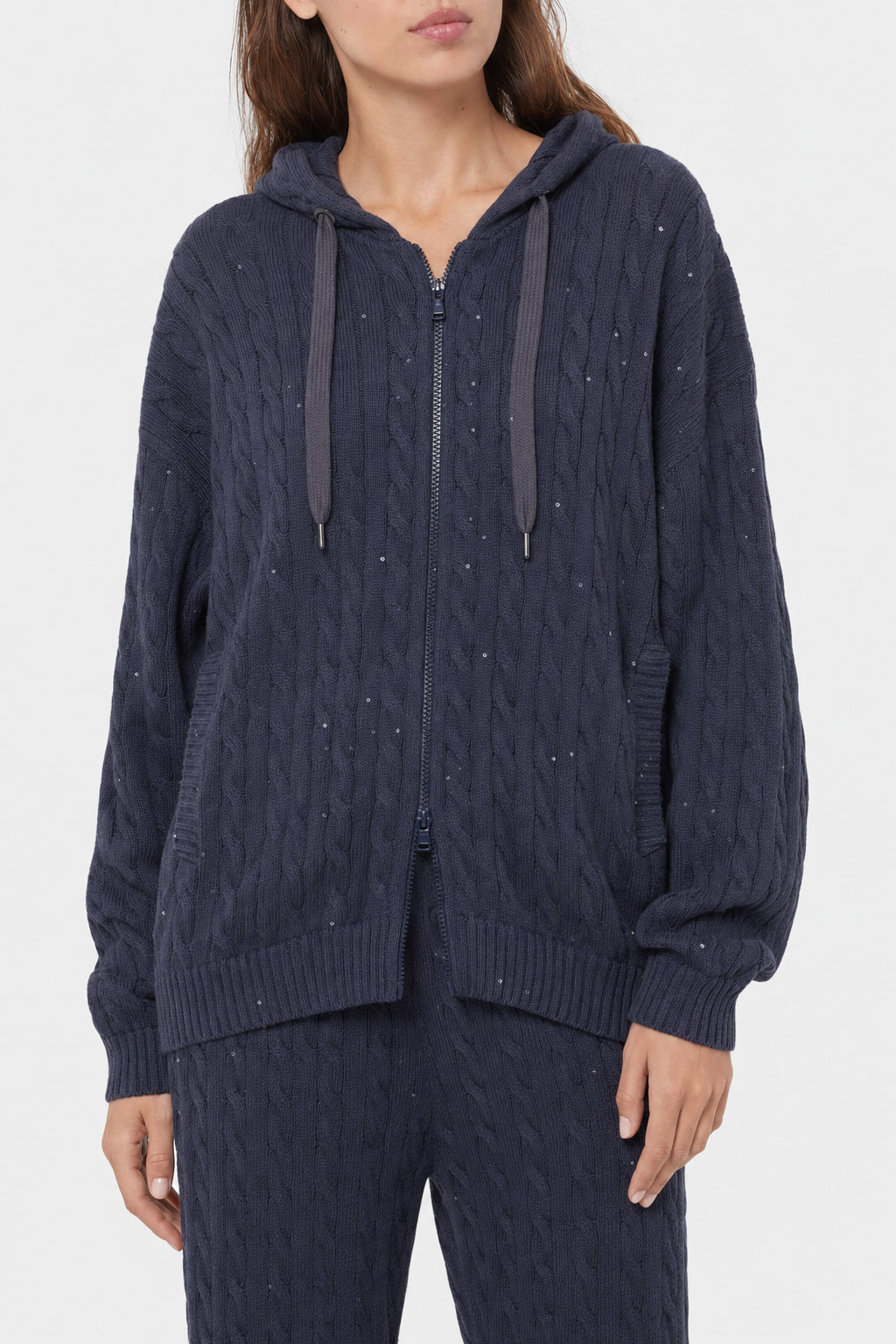 BRUNELLO CUCINELLI WOMEN'S DARK BLUE CABLE KNIT SWEATER