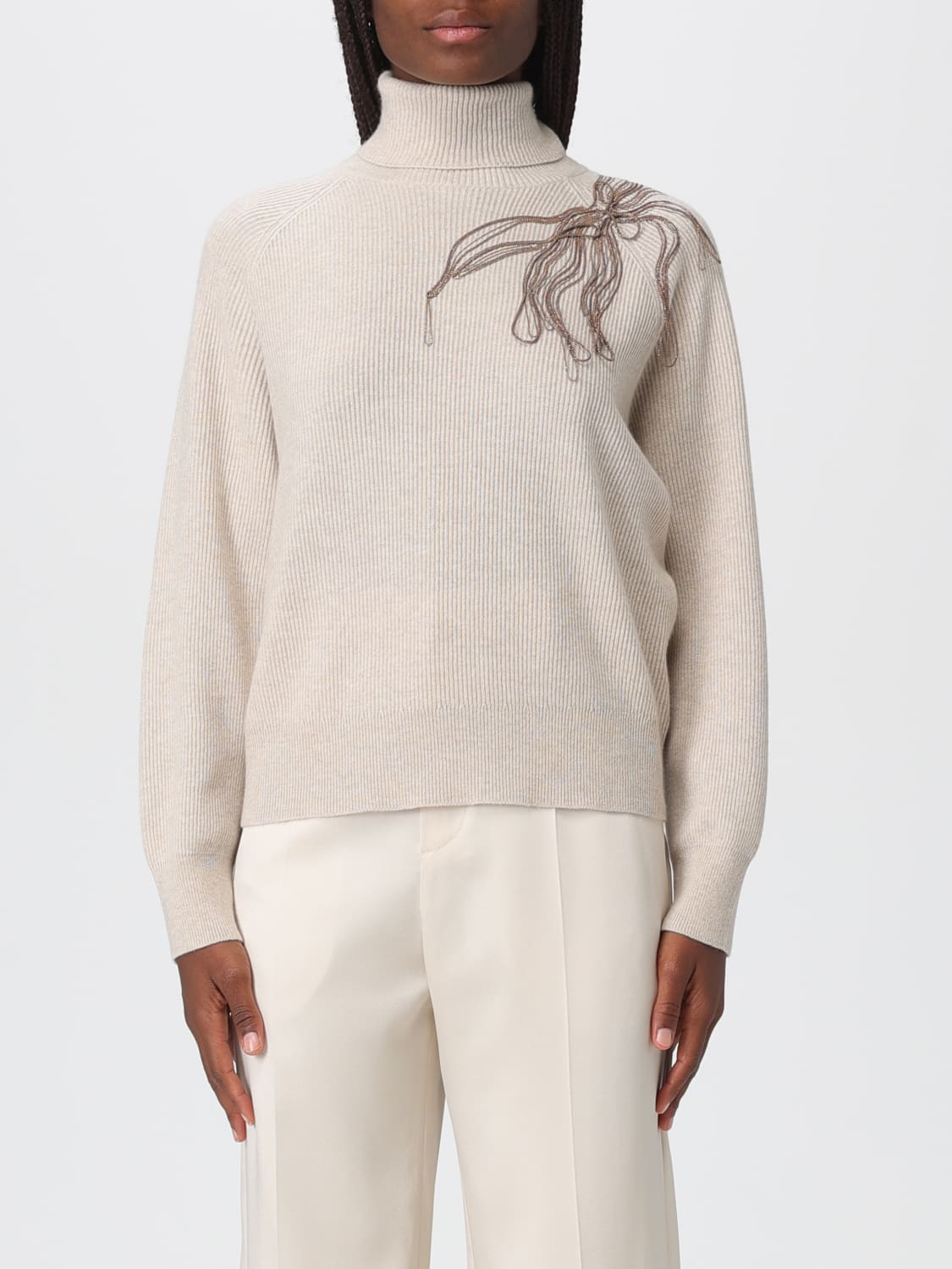 BRUNELLO CUCINELLI WOMEN'S BEIGE TURTLENECK SWEATER
