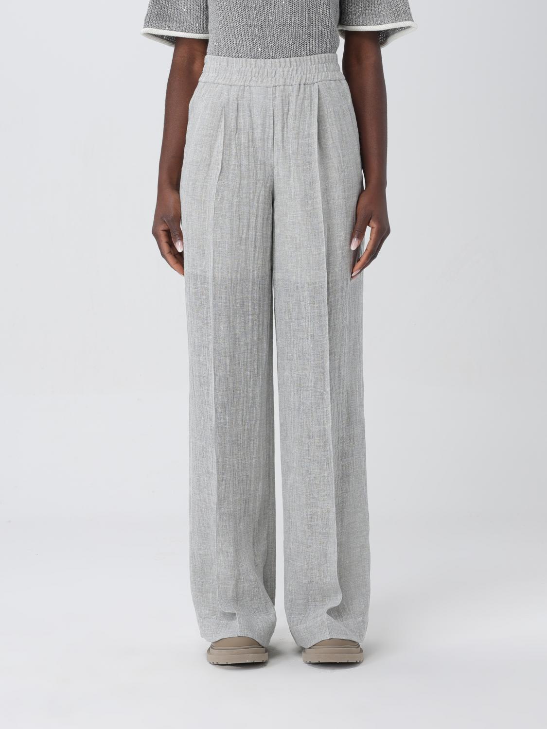 BRUNELLO CUCINELLI WOMEN'S LIGHT GREY LINEN TROUSERS