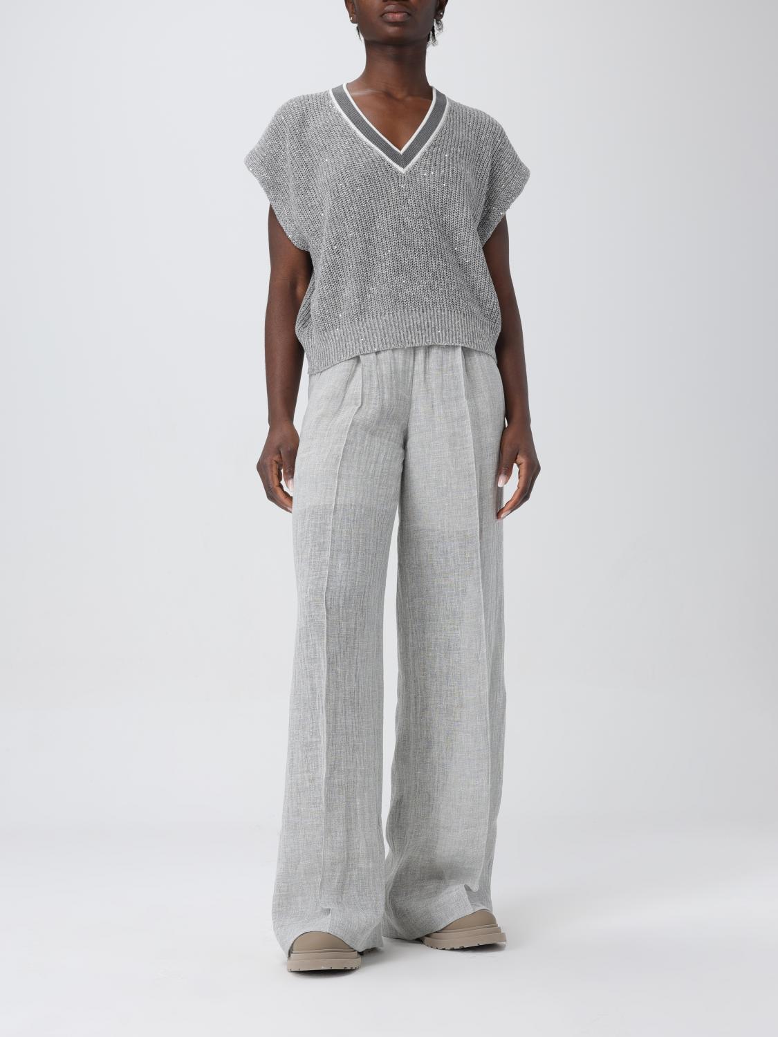 BRUNELLO CUCINELLI WOMEN'S LIGHT GREY LINEN TROUSERS