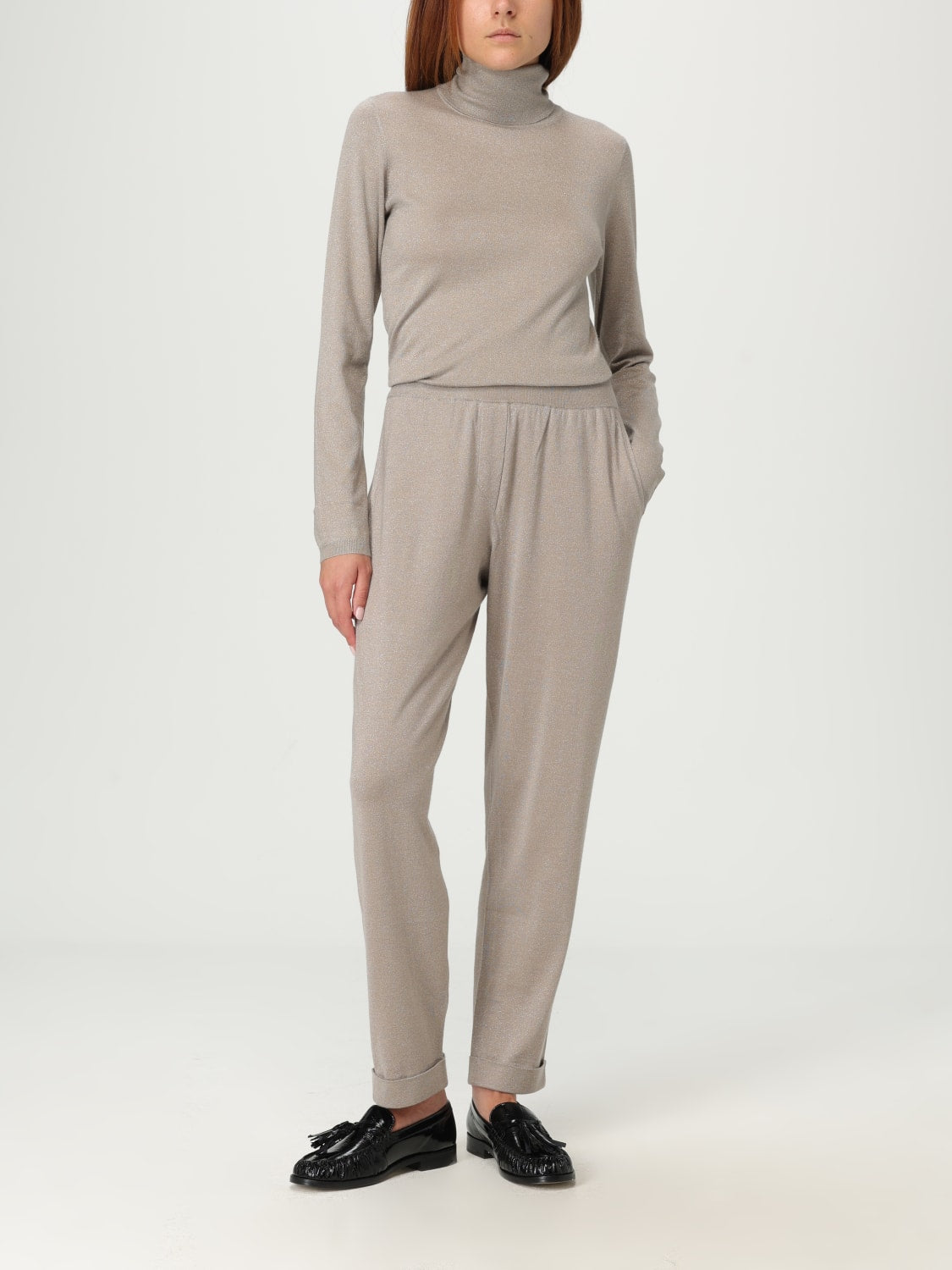 BRUNELLO CUCINELLI WOMEN'S TAUPE WOOL SILK PANTS