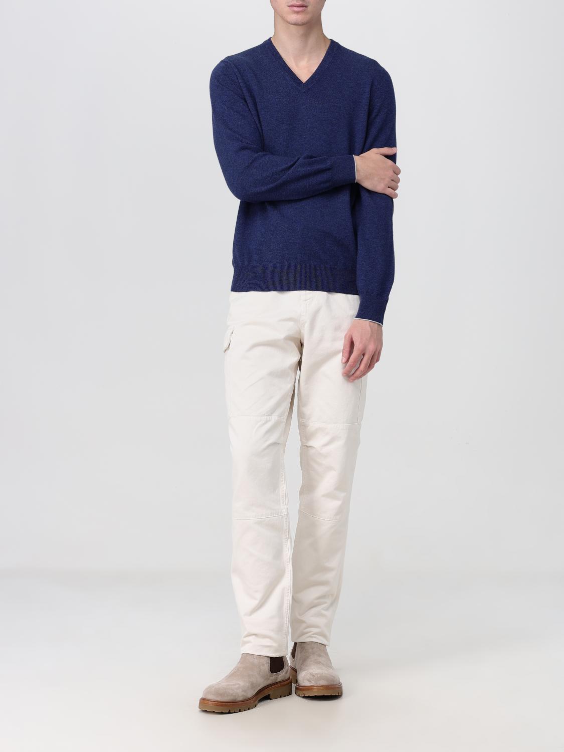 BRUNELLO CUCINELLI MEN'S BLUE WOOL V NECK SWEATER