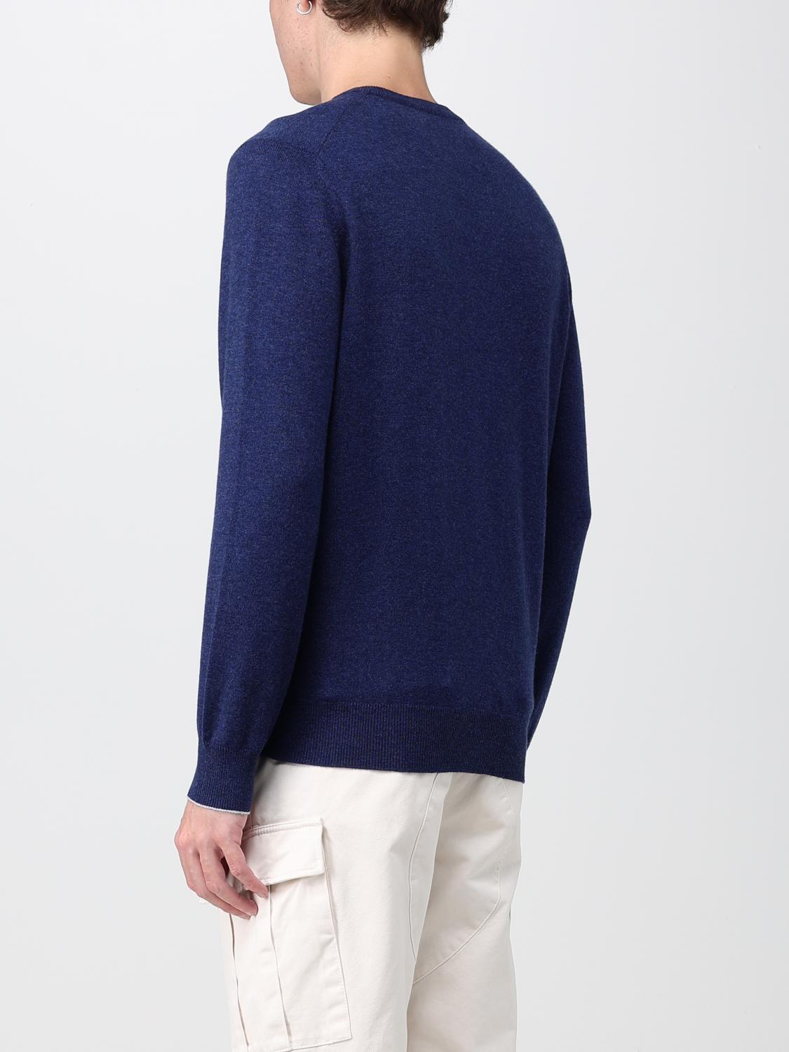 BRUNELLO CUCINELLI MEN'S BLUE WOOL V NECK SWEATER