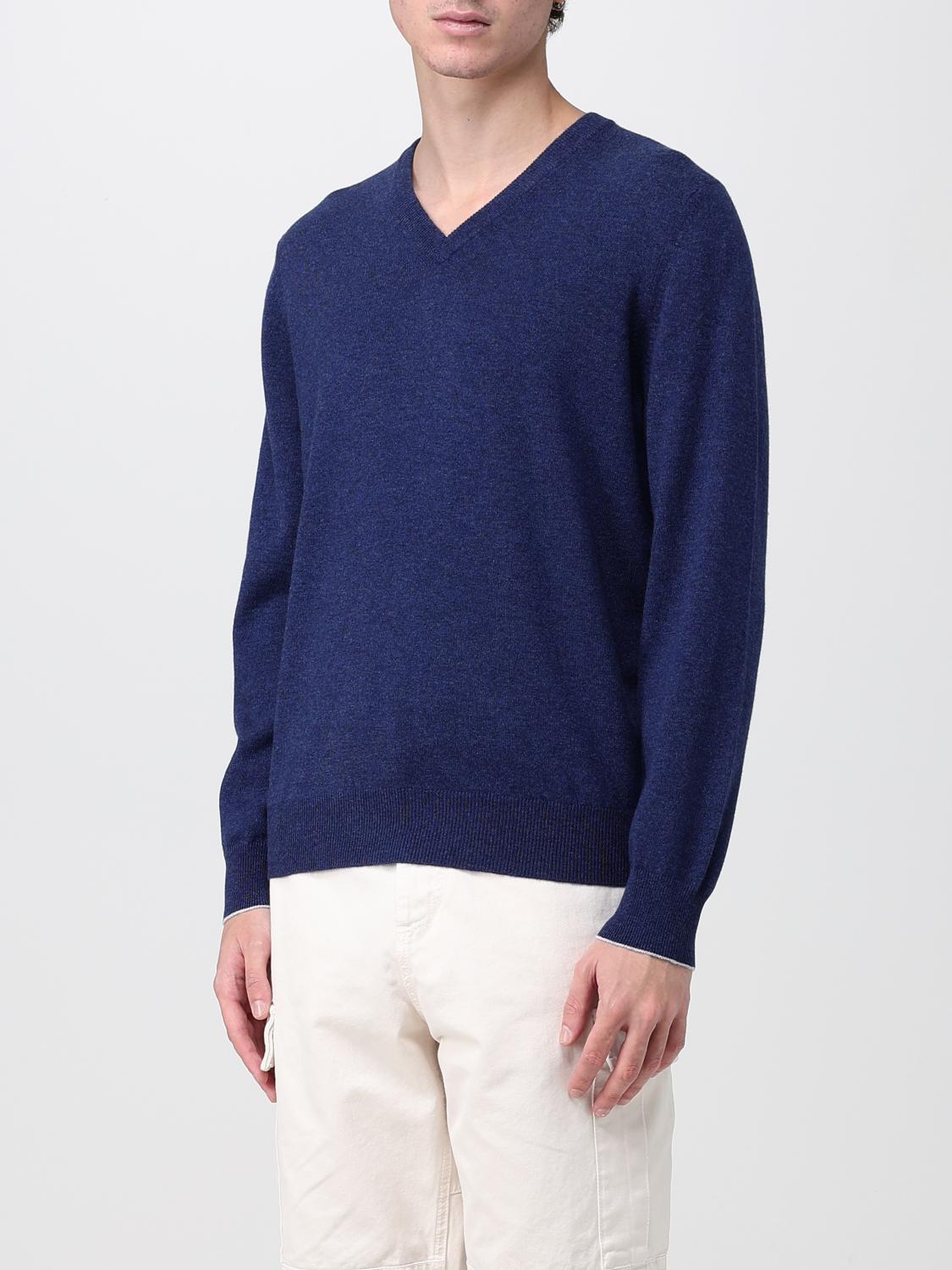 BRUNELLO CUCINELLI MEN'S BLUE WOOL V NECK SWEATER