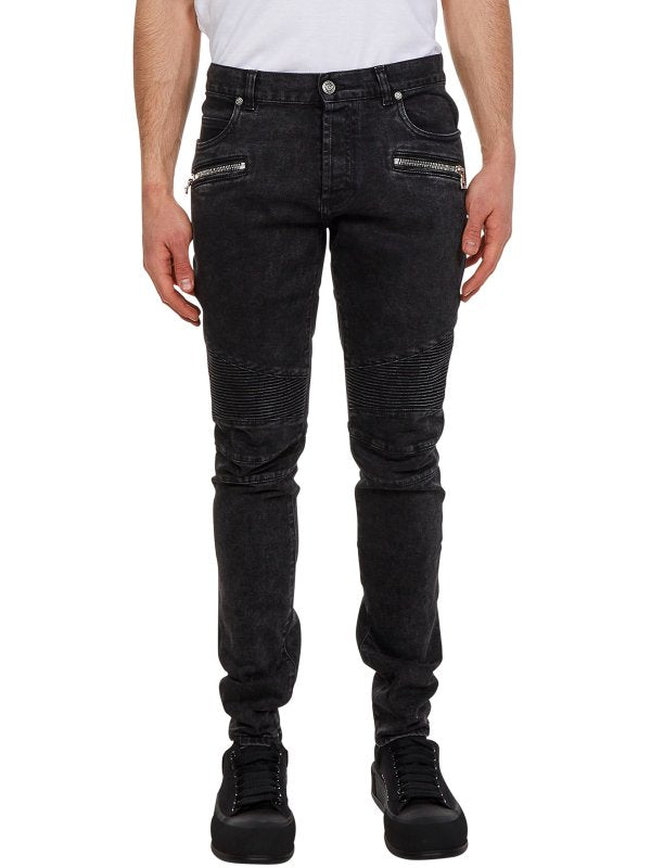 BALMAIN MEN'S BLACK RIBBED SLIM JEANS