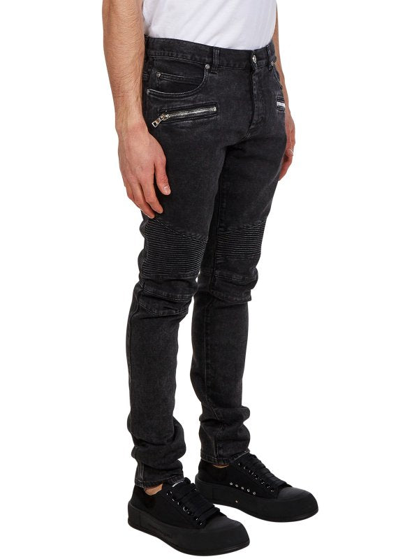 BALMAIN MEN'S BLACK RIBBED SLIM JEANS