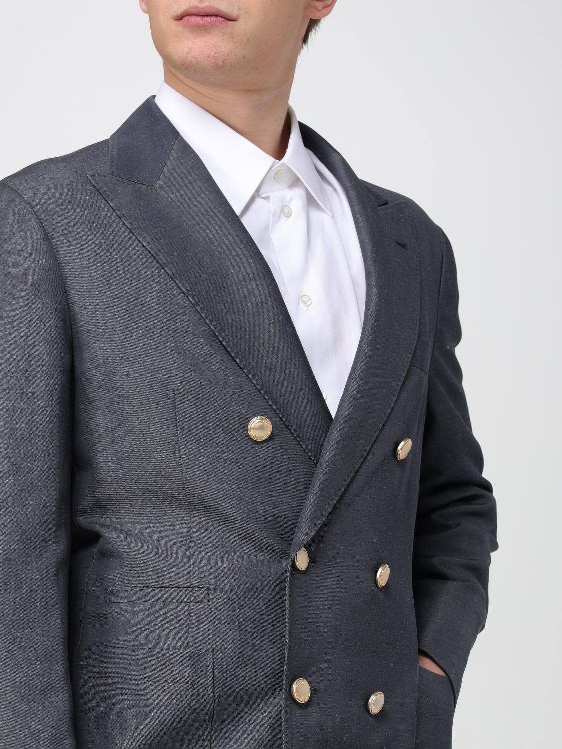 BRUNELLO CUCINELLI MEN'S GREY WOOL LINEN DOUBLE BREASTED JACKET