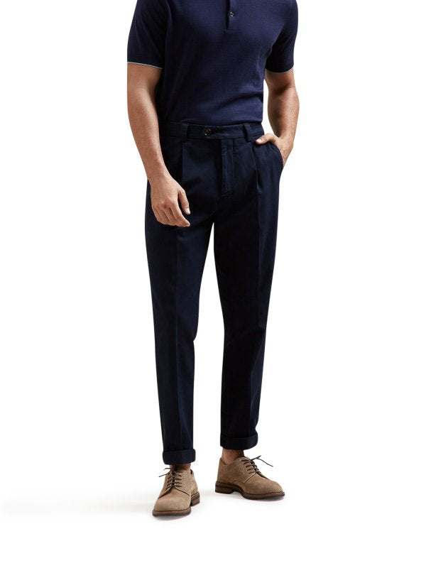 BRUNELLO CUCINELLI MEN'S NAVY COTTON DRESS TROUSERS