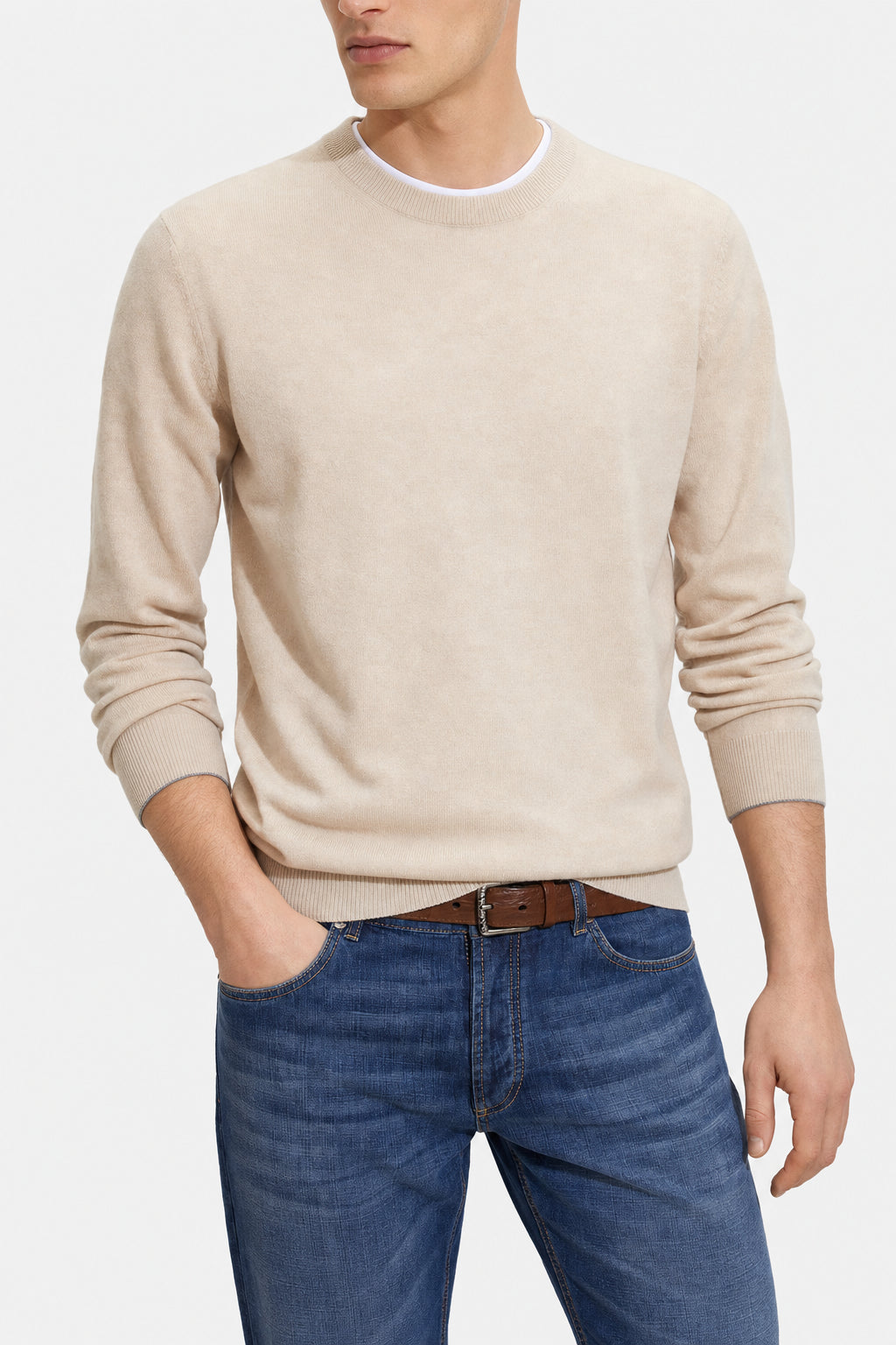 BRUNELLO CUCINELLI MEN'S SAND WOOL CREWNECK SWEATER