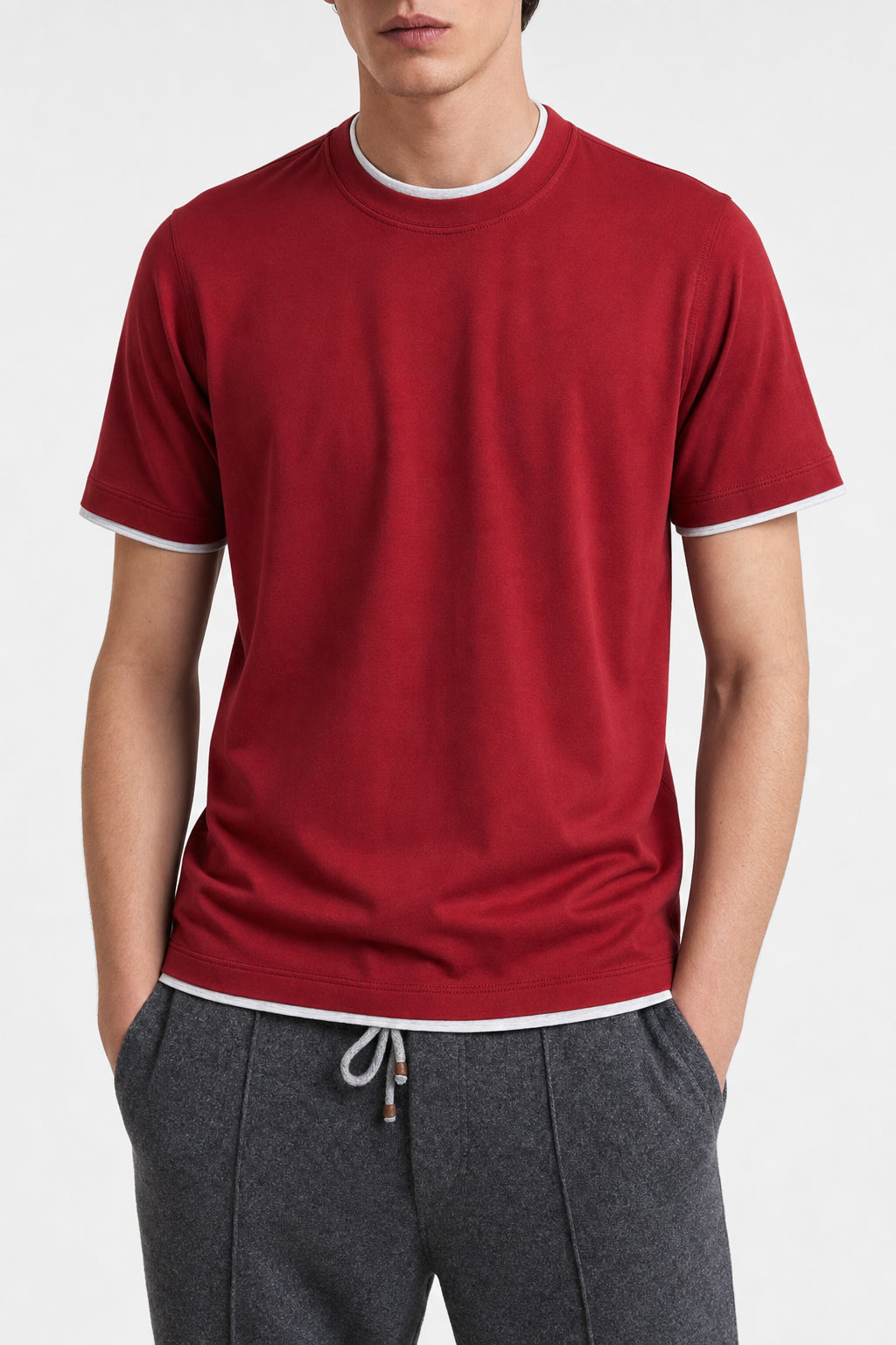 BRUNELLO CUCINELLI MEN'S RED COTTON LAYERED SHIRT