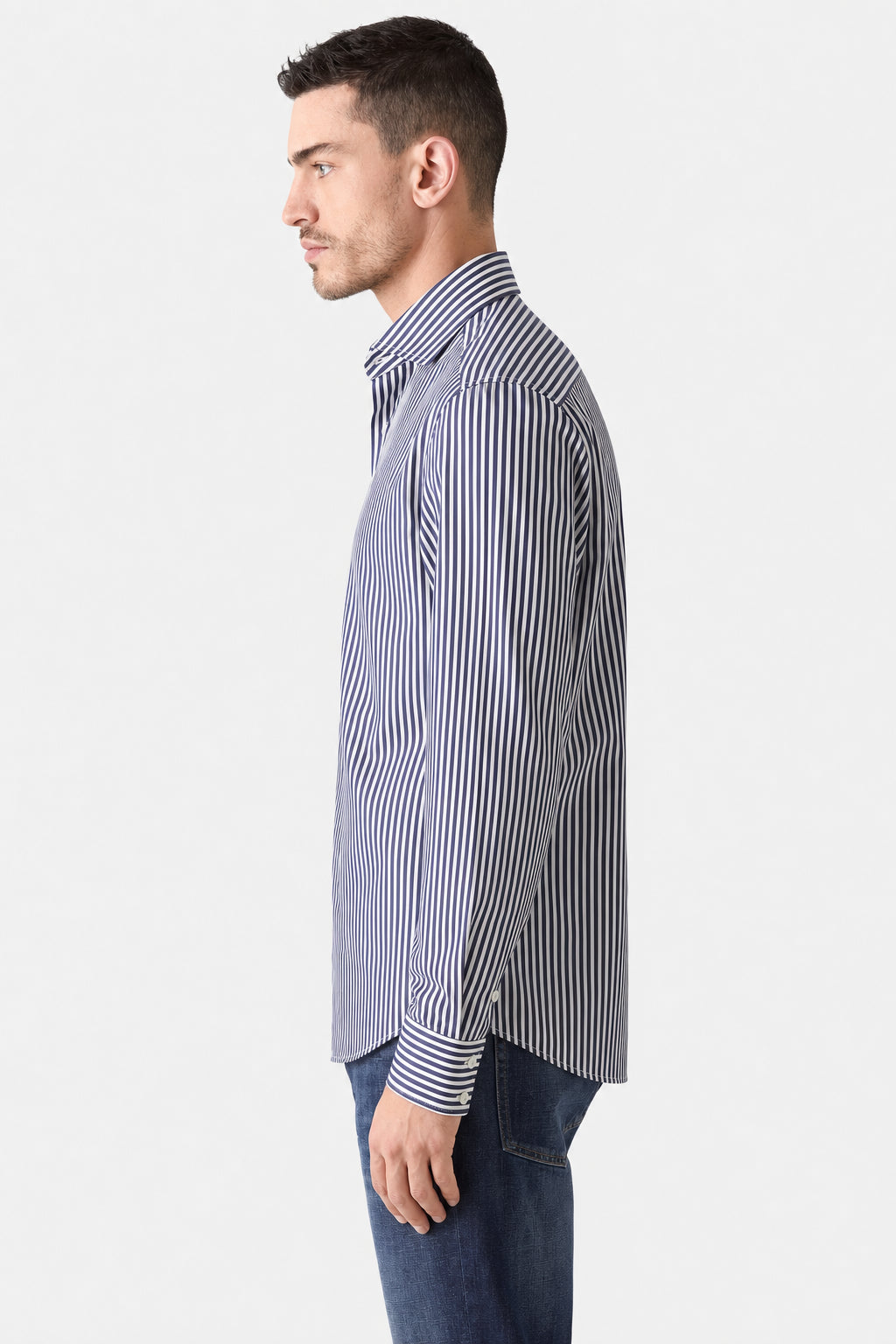 BRUNELLO CUCINELLI MEN'S BLUE STRIPED COTTON SHIRT