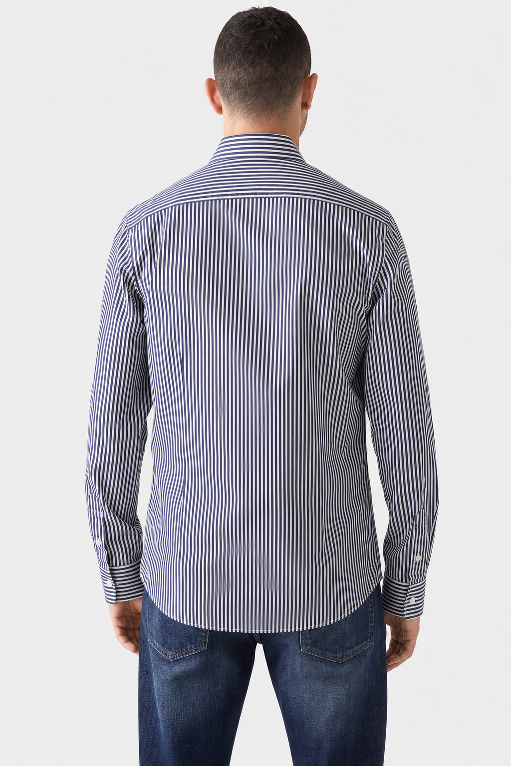 BRUNELLO CUCINELLI MEN'S BLUE STRIPED COTTON SHIRT