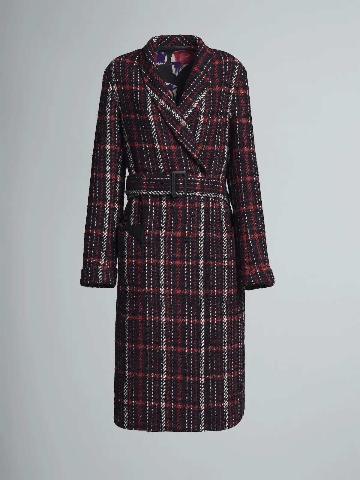 MARNI WOMEN'S BLACK PLAID BELTED COAT