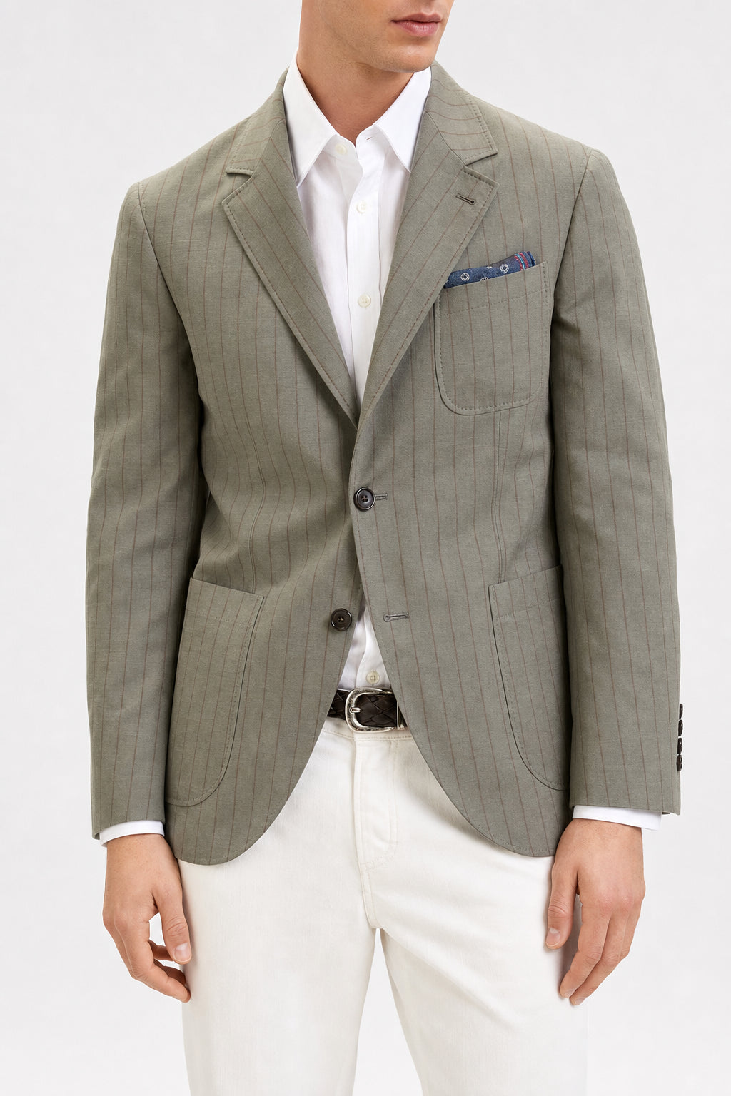 BRUNELLO CUCINELLI MEN'S OLIVE STRIPED CASUAL JACKET