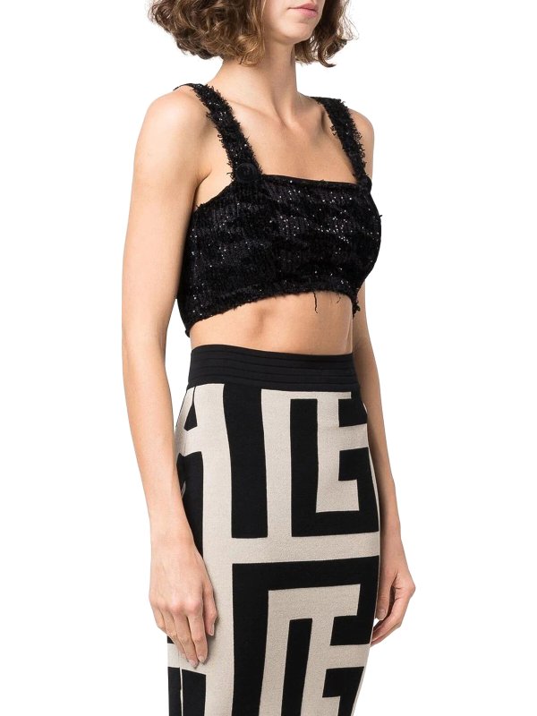 BALMAIN WOMEN'S BLACK GLITTER CROP TOP